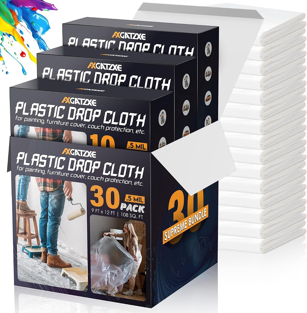 12 x 9 Ft Plastic Sheet Drop Cloths (30-Pack) - Disposable Painter's Sheeting & Tarps for Painting, Waterproof Painting Supplies, Dust Cover for Furniture/Couch/Floor Protection
