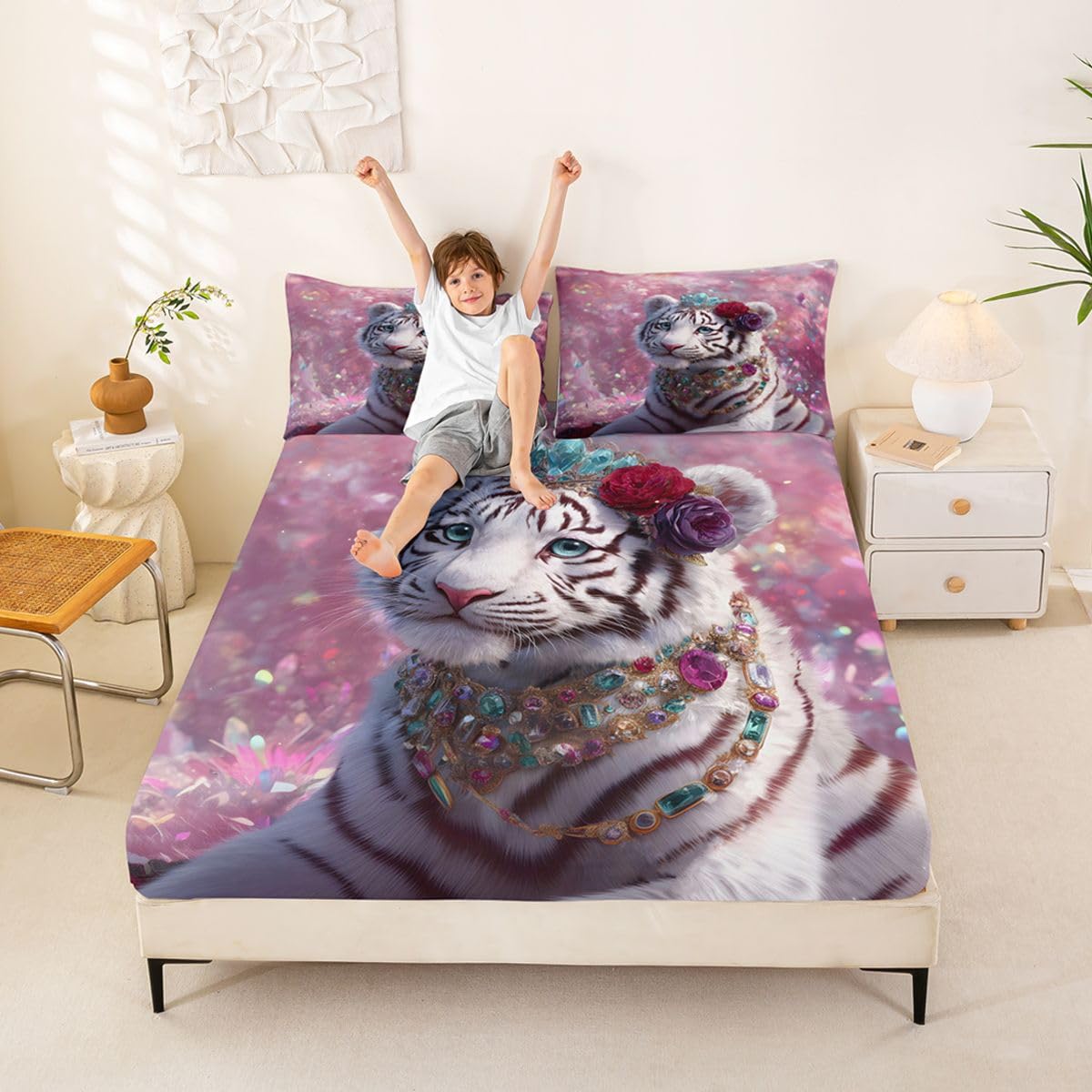 Loussiesd Drap Housse 180x200cm Blanc Tigre Drap-Housse Animaux Sauvages Doux Glitter Décoration avec 2 taies d'oreiller 65x65cm Faune Sauvage pour Matelas Épais jusqu'à 30 cm