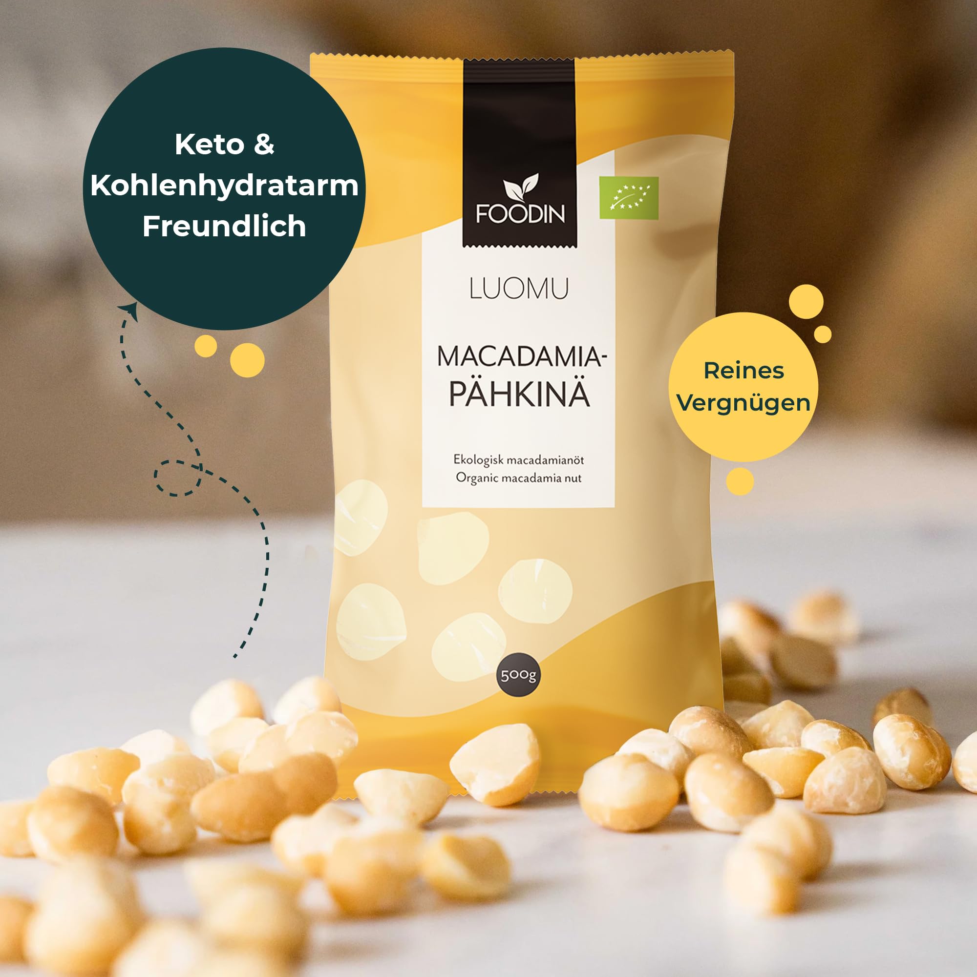 FOODIN Bio Macadamianüsse Whole 1kg, Macadamiakerne, Rohkost, Glutenfrei & Vegan (2 x 500g)