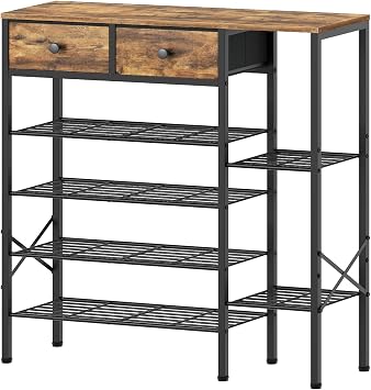 6-Tier Shoe Rack for Entryway, Freestanding Shoe Shelf with 2 Drawers and Tabletop, Metal Shoe Organizer for Closet, Entryway Shoe Storage Holds 26 Pairs, Rustic Brown and Black SS13BR