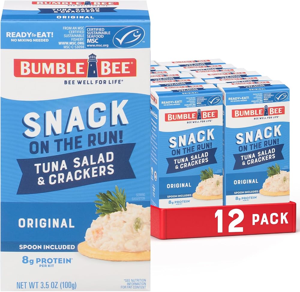 Bumble Bee Snack On The Run! Original Tuna Salad Kit (Pack of 12) | Ready to Eat Easy-Open Canned Tuna Salad with Crackers Snack Pack, 8g Protein per Box, Wild Caught MSC Certified Tuna