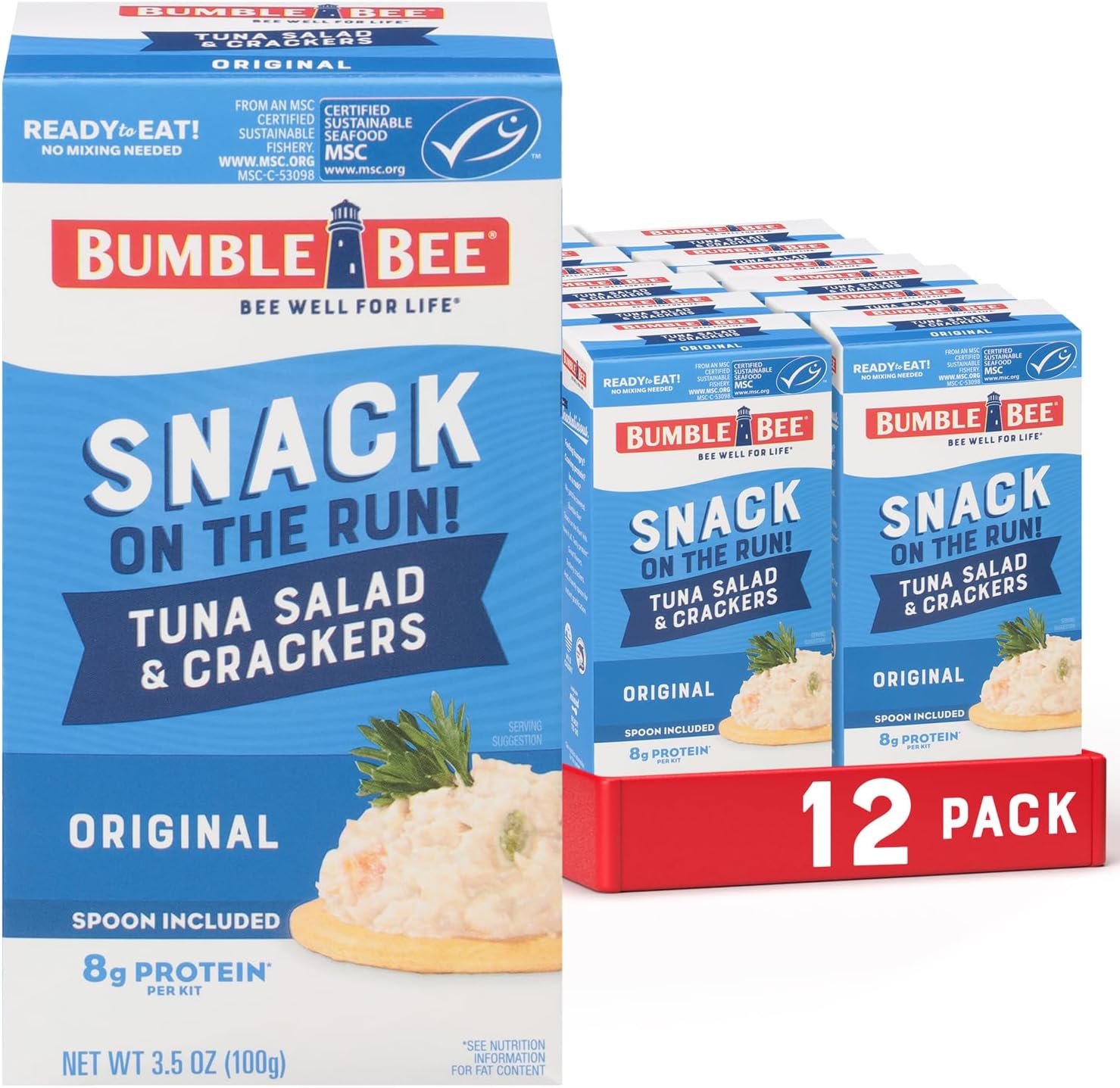 Bumble Bee Snack On The Run! Protein Pack, 8g per Box - Original Tuna Salad with Crackers Kit - Ready to Eat Easy-Open Can - Wild Caught MSC-Certified Tuna (Pack of 12)