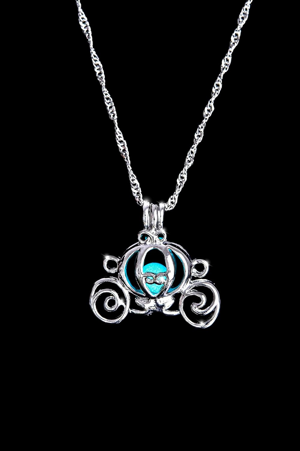 AlterImage Cinderella Inspired Pumpkin Carriage Glow in The Dark Necklaces 3 Pack Green Blue & Sky Blue Includes UV Light, Cinderella Jewelry, Cinderella Gifts for Women
