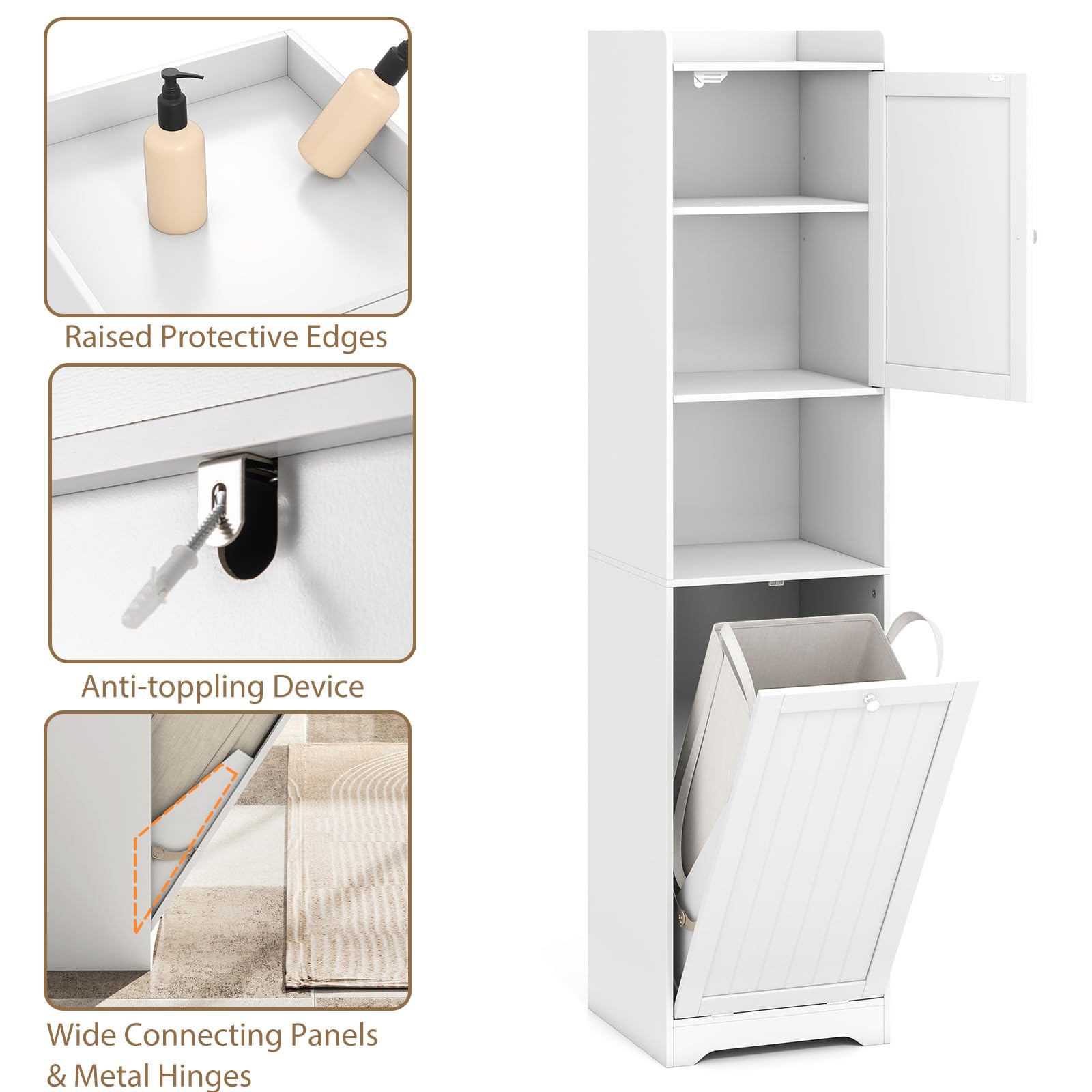 Armoire Étroite De Salle De Bain Avec Panier à Linge - Hauteur 170 Cm, Étroite 40 Cm, Étagères Réglables