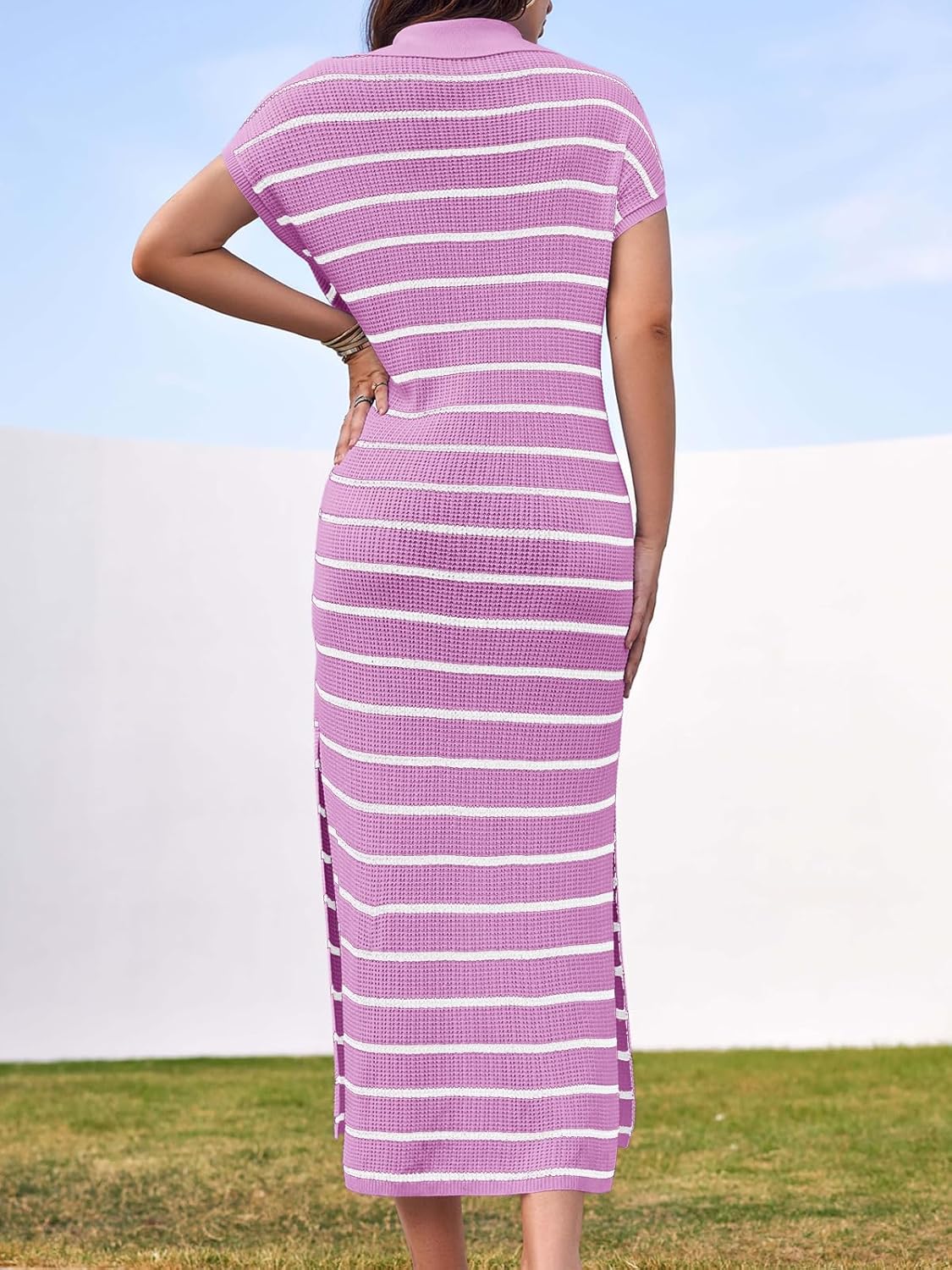 Saodimallsu Womens Striped Summer Dresses Short Sleeve V Neck Knit Collared Sexy Slit Loose Maxi Sweater Dress - Image 4