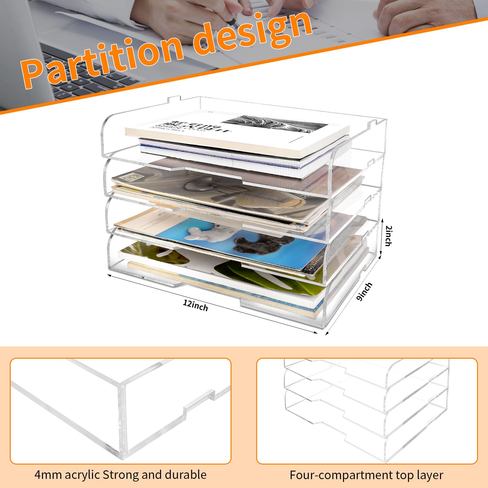 Paquete de 4 bandejas de papel apilables para cartas, revistero acrílico transparente y organizador de archivos, elegante organizador de escritorio para oficina en casa, estantería o espacio de