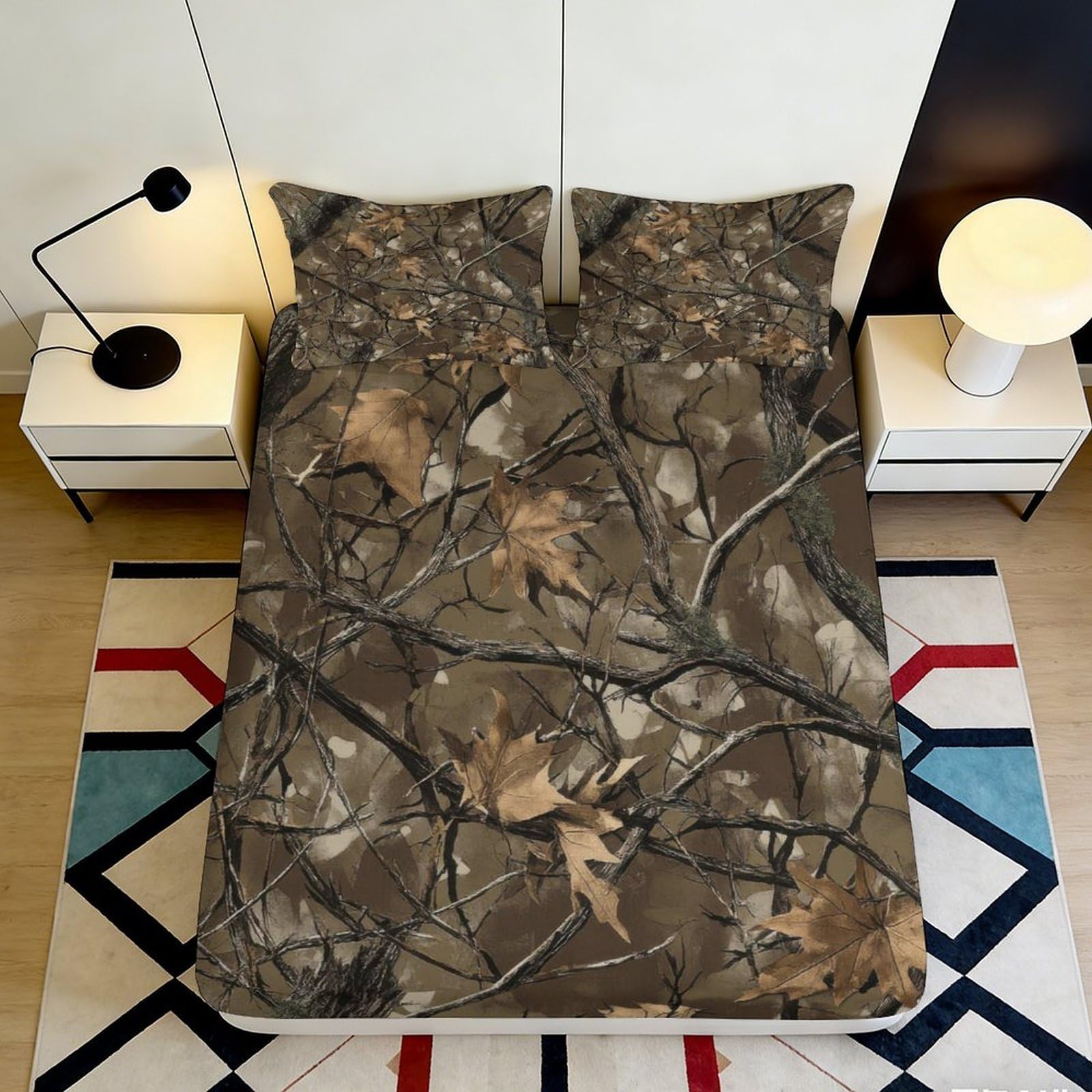 3D Printed Woodland Camouflage Fitted Sheet Microfiber Soft Durable Forest Leaf Mattress Cover for Bedroom Dorm Decor 90x200x25cm