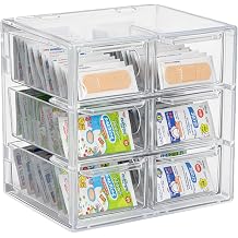 Bandaid Organizer Holder,6 Drawers Medicine Storage Box with Flip Cover,Acrylic Multiple Compartments Band Aid Organizer,Bandaid Box for Elastic Bandage Wrap, CottonClear