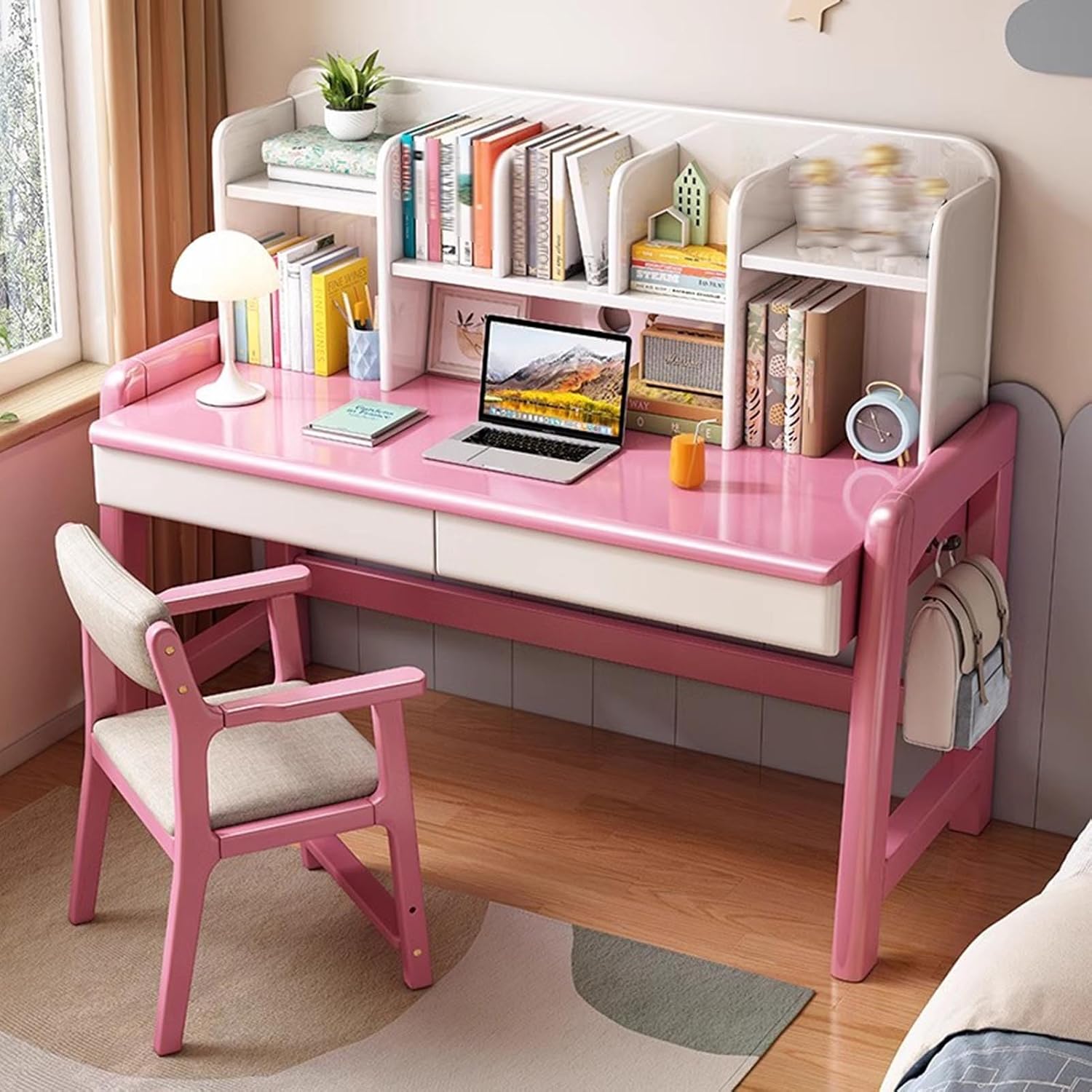 Kids Desk with Bookshelf, Height Adjustable Childrens Desk and Chair Set for 8-12 Year Old, Student Desk with Shelves, Drawer and Hooks, Large Storage Walnut Color 80cm Desk