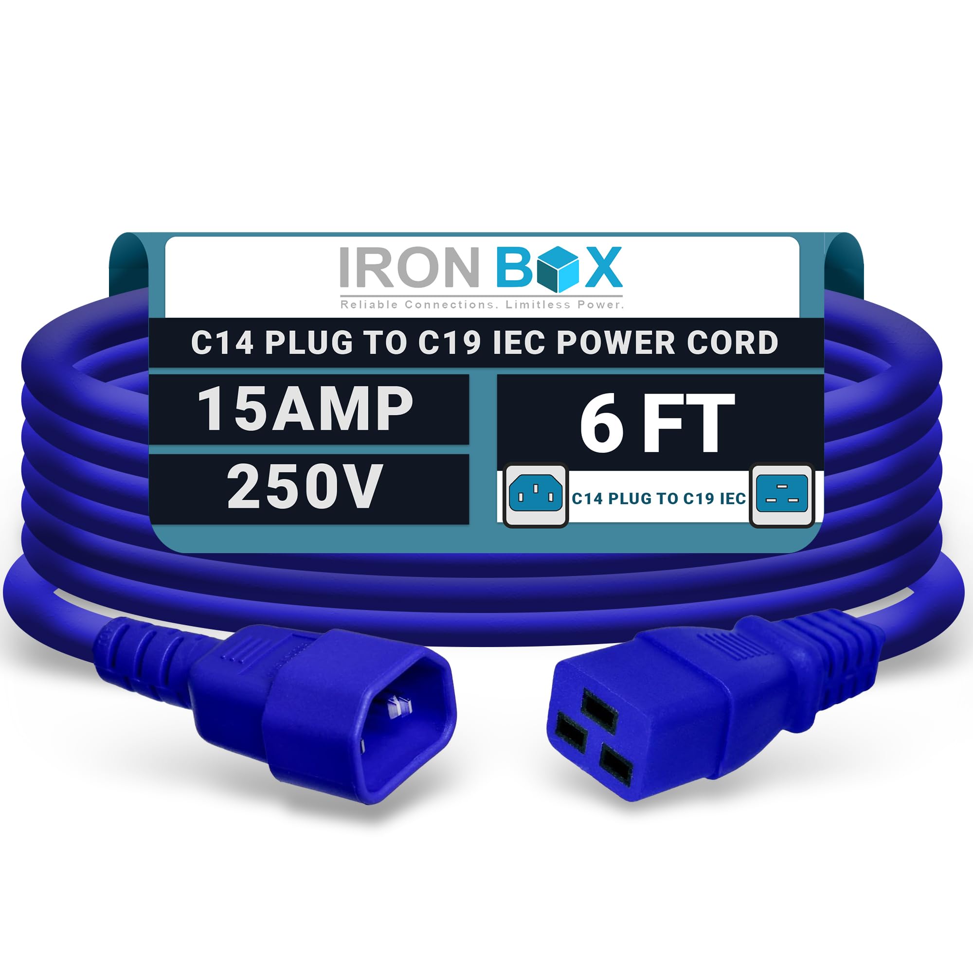 IronBox Electric - Heavy-Duty C14 to C19 Power Cord, 15A, 250V, 14/3 SJT - IEC60320 PC Cable for Computer Extensions, Monitor, PSU - C14 Male to C19