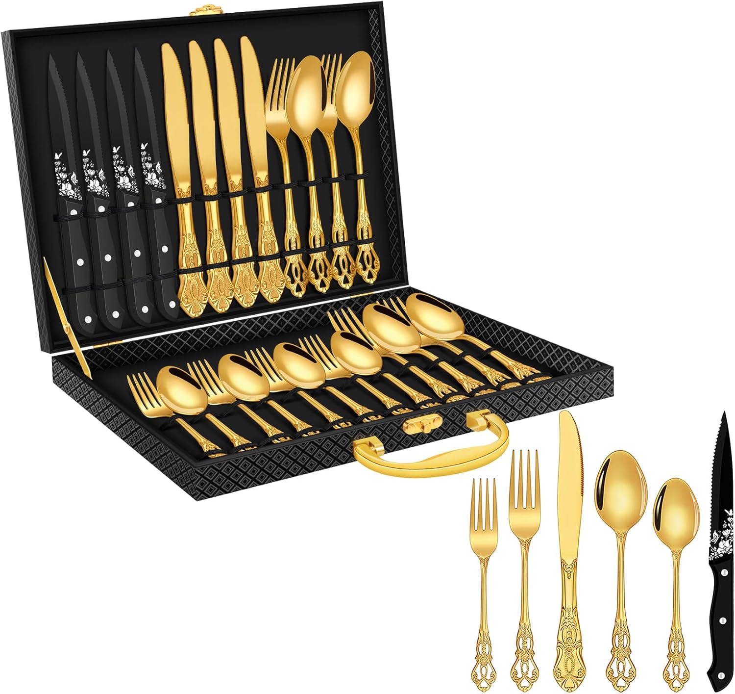 Silverware set with Steak Knives, Ollex 48PCS Retro Royal Flatware Set for 8 with 1pc Box, Food-Grade Stainless Steel Utensil Sets Includes Spoons Forks and Knives, Mirror Finish Dishwasher Safe