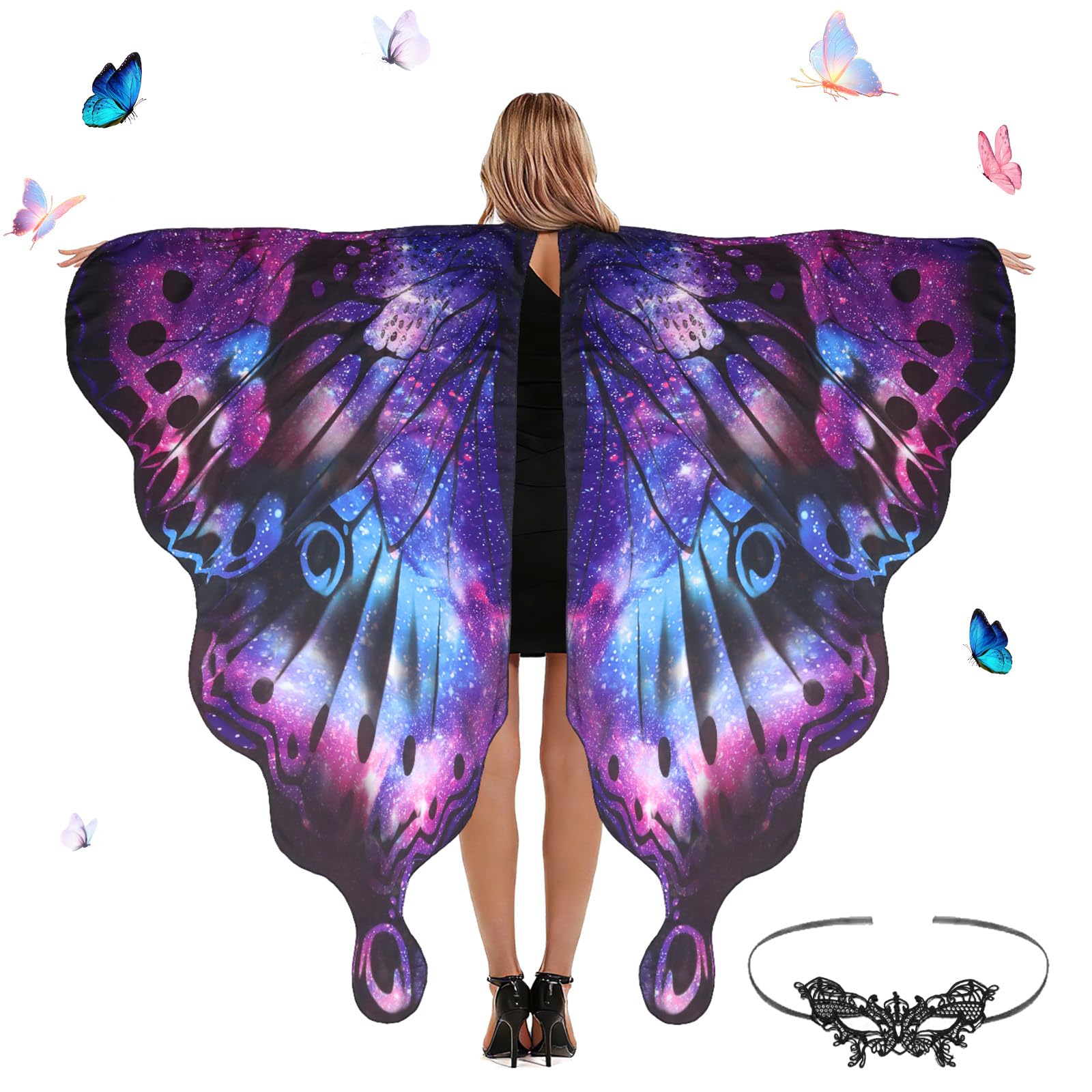 Plliocse Butterfly Wings Costume with Headband Mask Set, Adults Fairy Wings, Butterfly Cape, Halloween Costumes for Women,Party Dress Up Photo Prop (Purple Starry Sky)