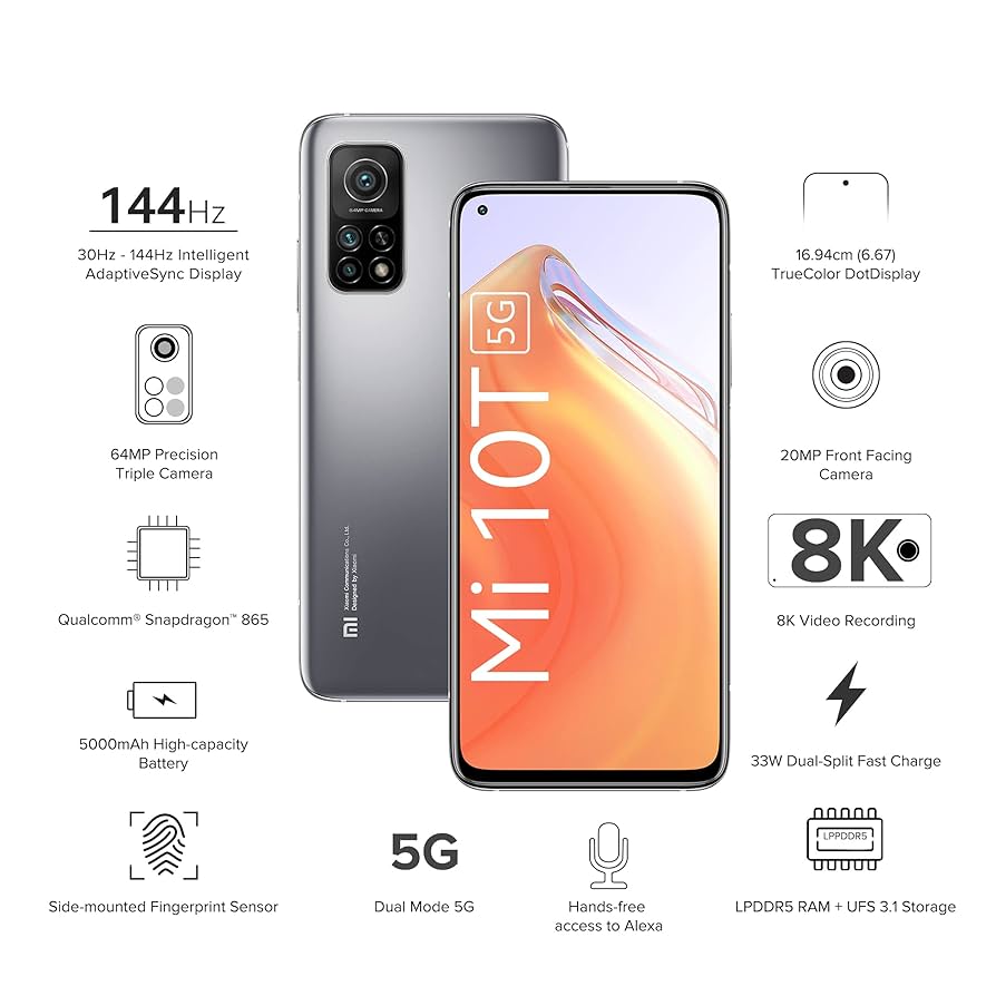 MI 10T 5G Lunar Silver, 8GB RAM, 128GB Storage - | Alexa