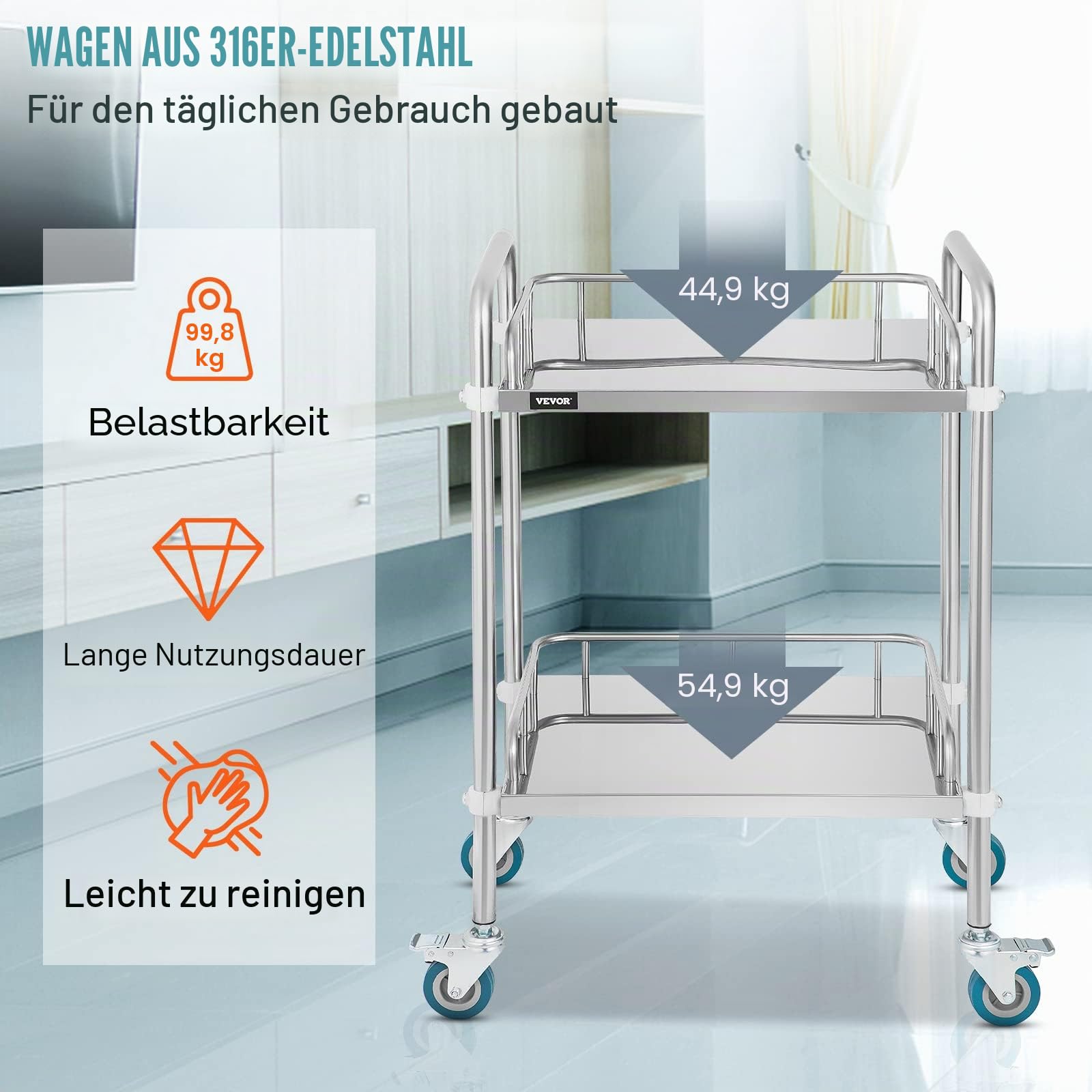 VEVOR Servierwagen Edelstahl Serving Lab Trolley 2 Böden Laborwagen Tragbar Abräumwagen Medical Dental Lab Cart Transportwagen Rollwagen Medizinisch Universalräder Zwei Fußbremsen Breite Anwendung