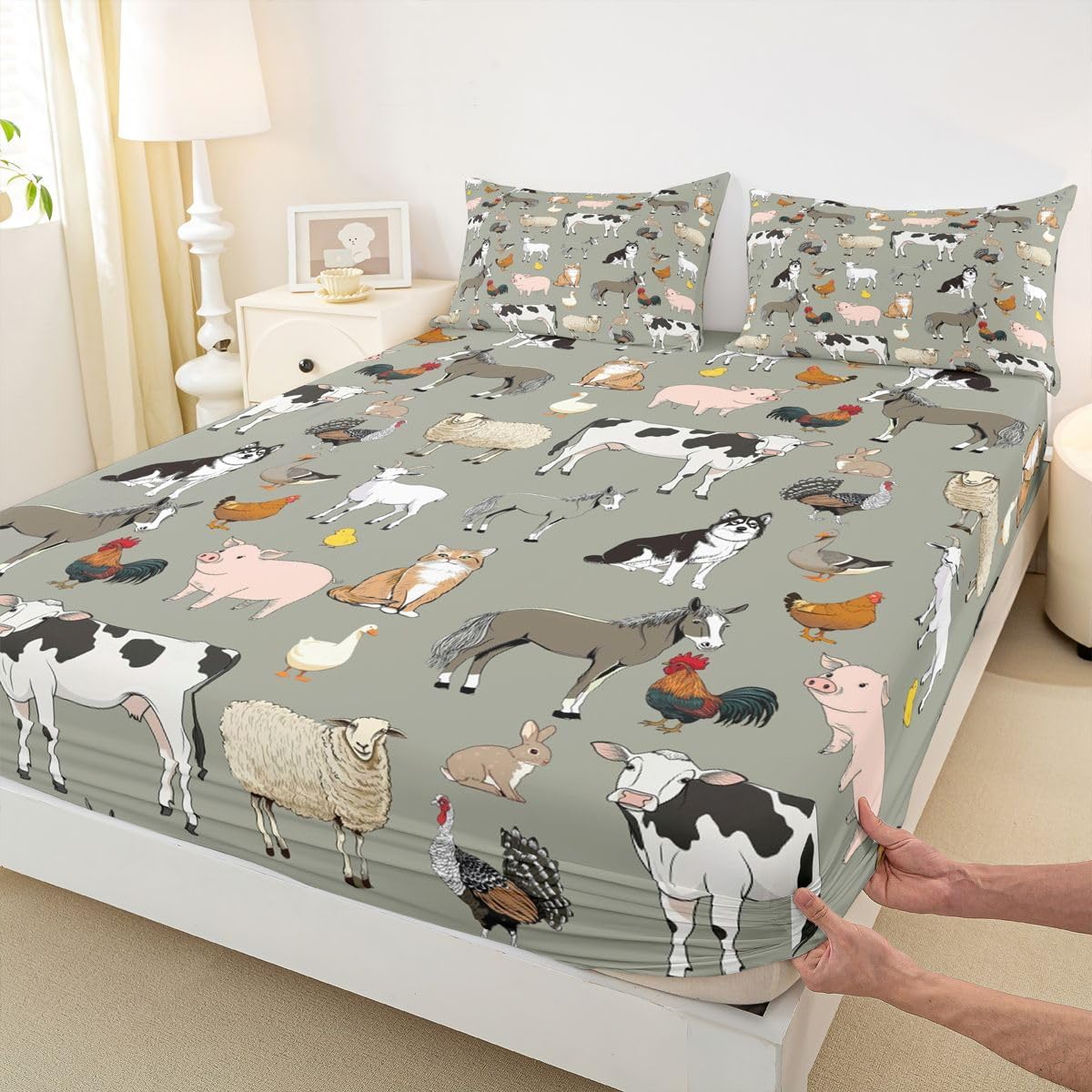 Feelyou Cow Bed Sheets Cartoon Cat Dog Horse Sheet Set for Kids Boys Girls Teens Room Farm Animal Collection Decor Bed Sheet Set Farmhouse Style Bed Set 4Pcs Queen Size