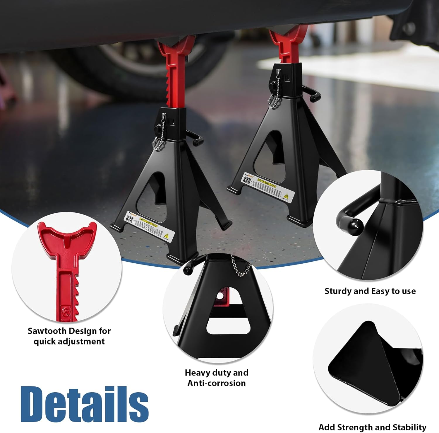 6 Ton Jack Stands Heavy Duty 13,200 LBs, Car Jack Stands for Trucks with Double Pin Locking & Extra Rubber Pads, 15.6"-23.4" Adjustable for Garage, Home, Vehicle Lifting, 1 Pair Black+Red