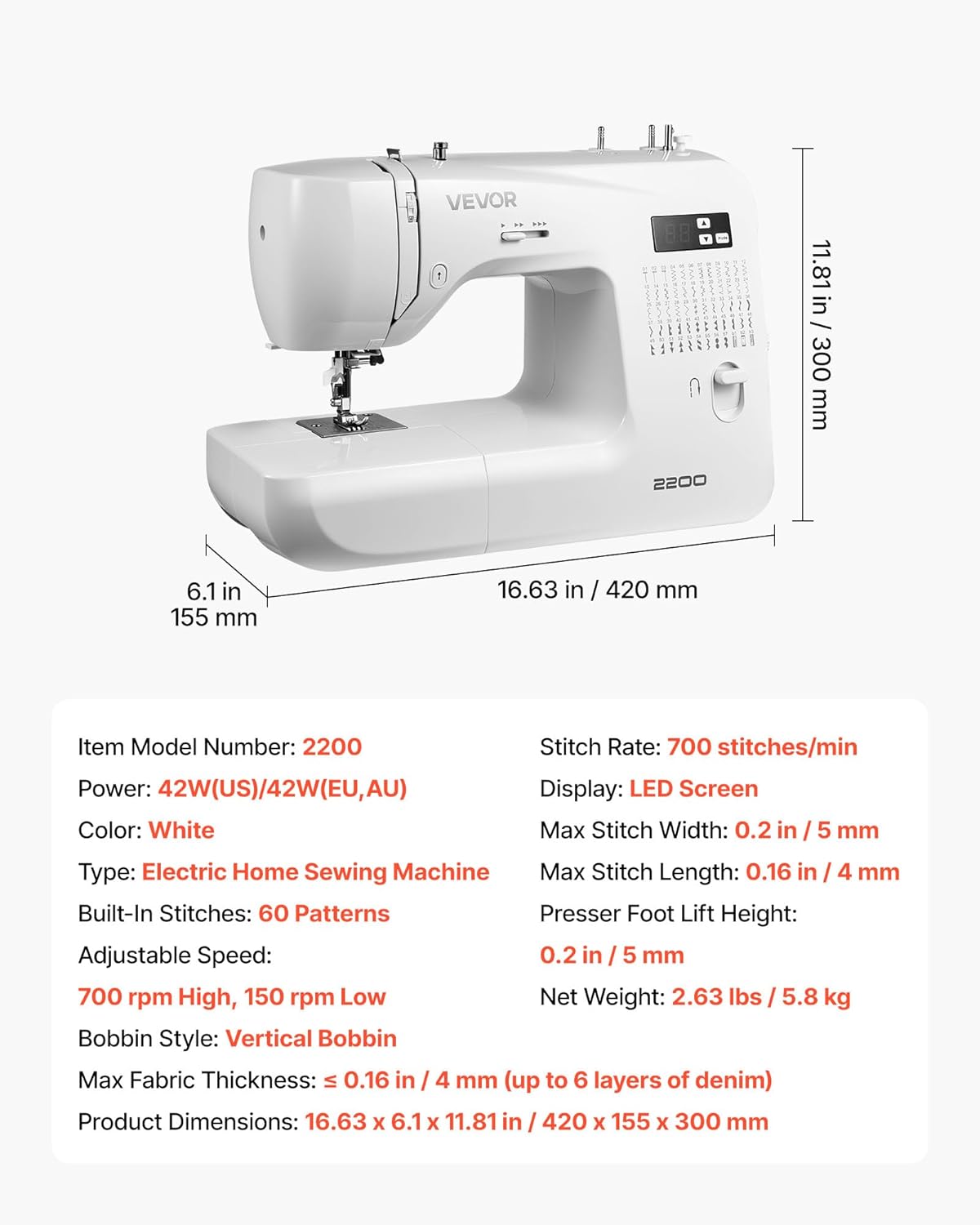 Diagram showing dimensions and key specifications of the VEVOR sewing machine
