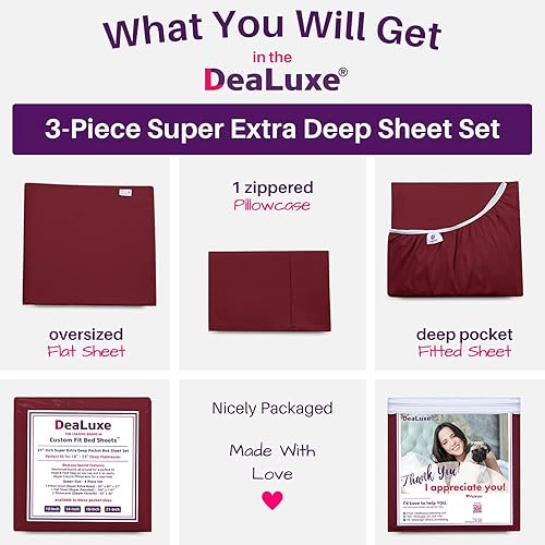 Miniatura 183 de Juego de sábanas de tamaño matrimonial – Juego de sábanas de bolsillo profundo – Juego de 4 piezas con sábana bajera de 21 pulgadas, sábana encimera