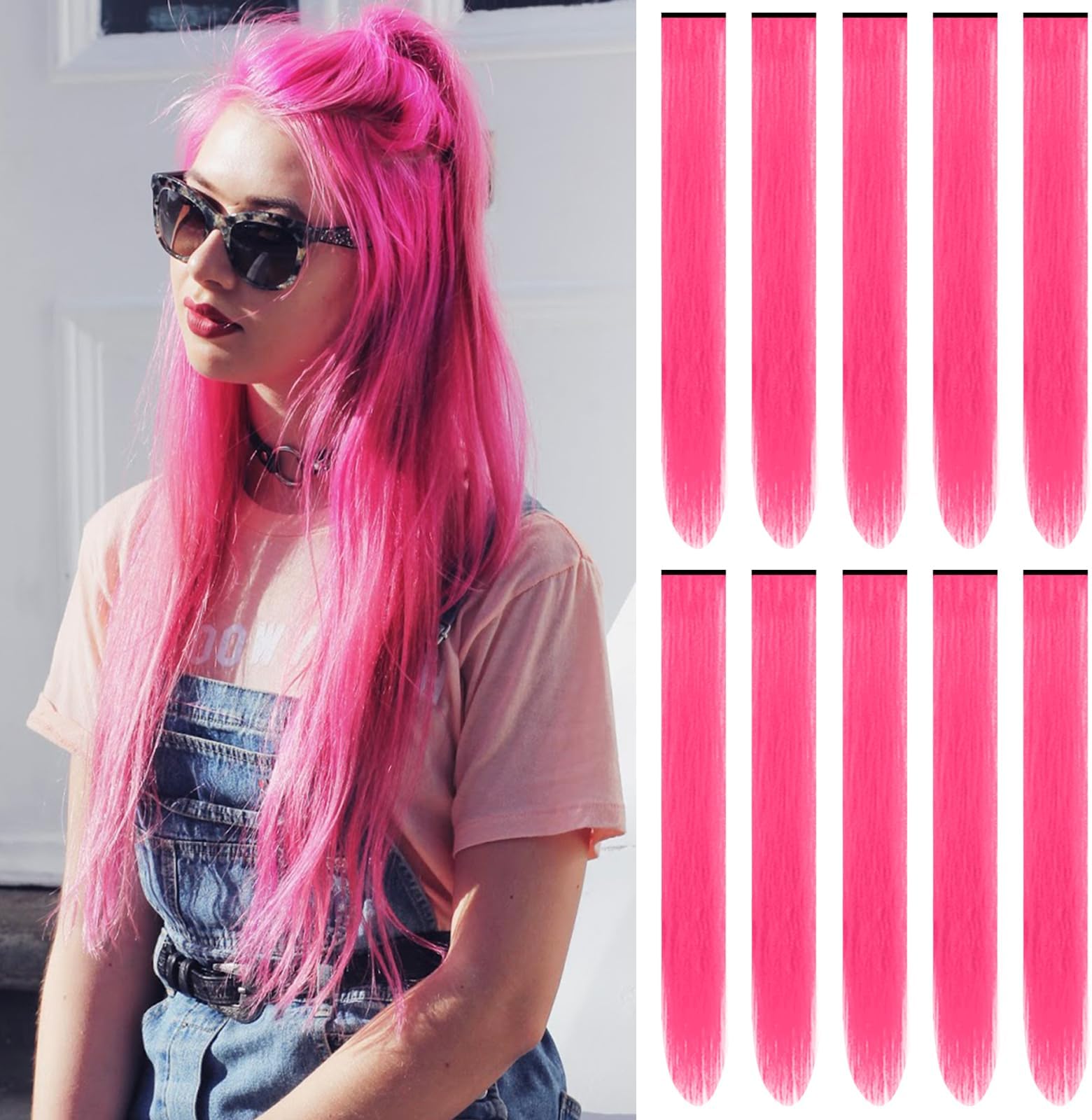 22 inch Colored Hair Extensions Straight Hairpiece, Multi-colors Party Highlights Clip in Long Synthetic Hair Extensions for Women Kids Girls (10 PCS Hot Pink)