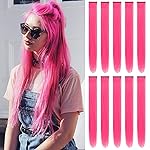 TOFAFA 22 inch Colored Hair Extensions Straight Hairpiece, Colorful Party Highlights Clip in Long Synthetic Hair Extensions for Women Kids Girls Favor Gift(10 PCS Hot Pink)