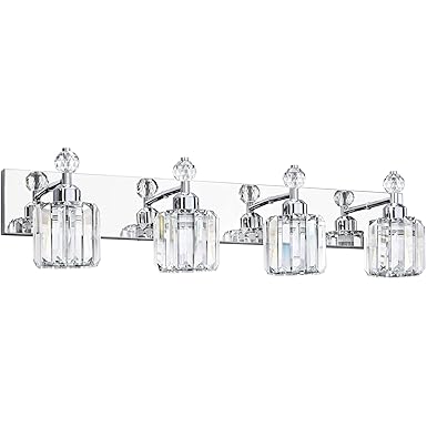 Glattol PRESDE Modern Crystal Bathroom Vanity Light 4 Light Chrome Vanity Lighting Over Mirror Bathroom Wall Light Fixtures