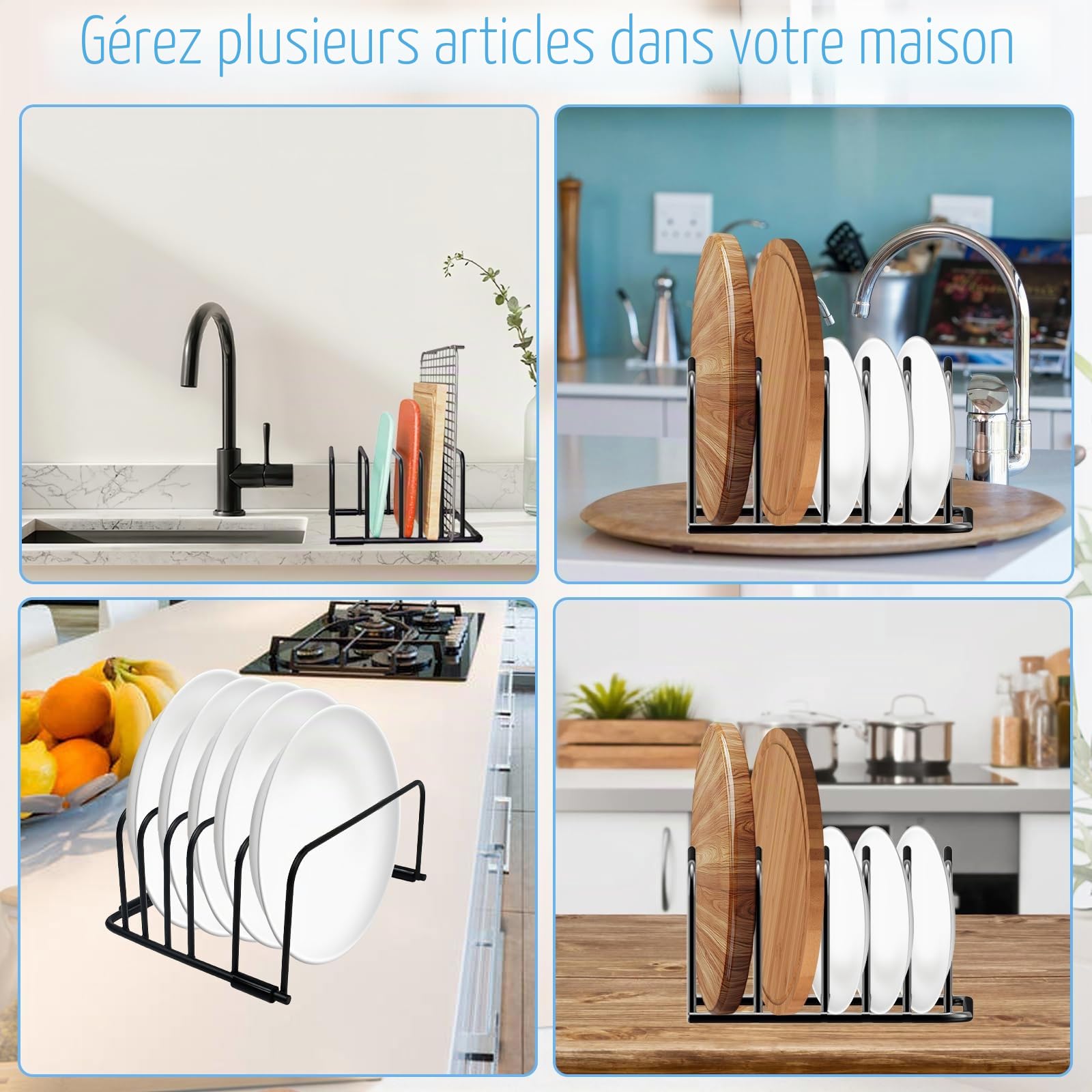 2 Pcs Support Planche à Découper en Acier au Carbone, Porte Planche à Découper avec 5 Fentes, Support pour Planches de Cuisson avec 8 Patins Antidérapants, pour Cuisine Plateau Drainage, Noir