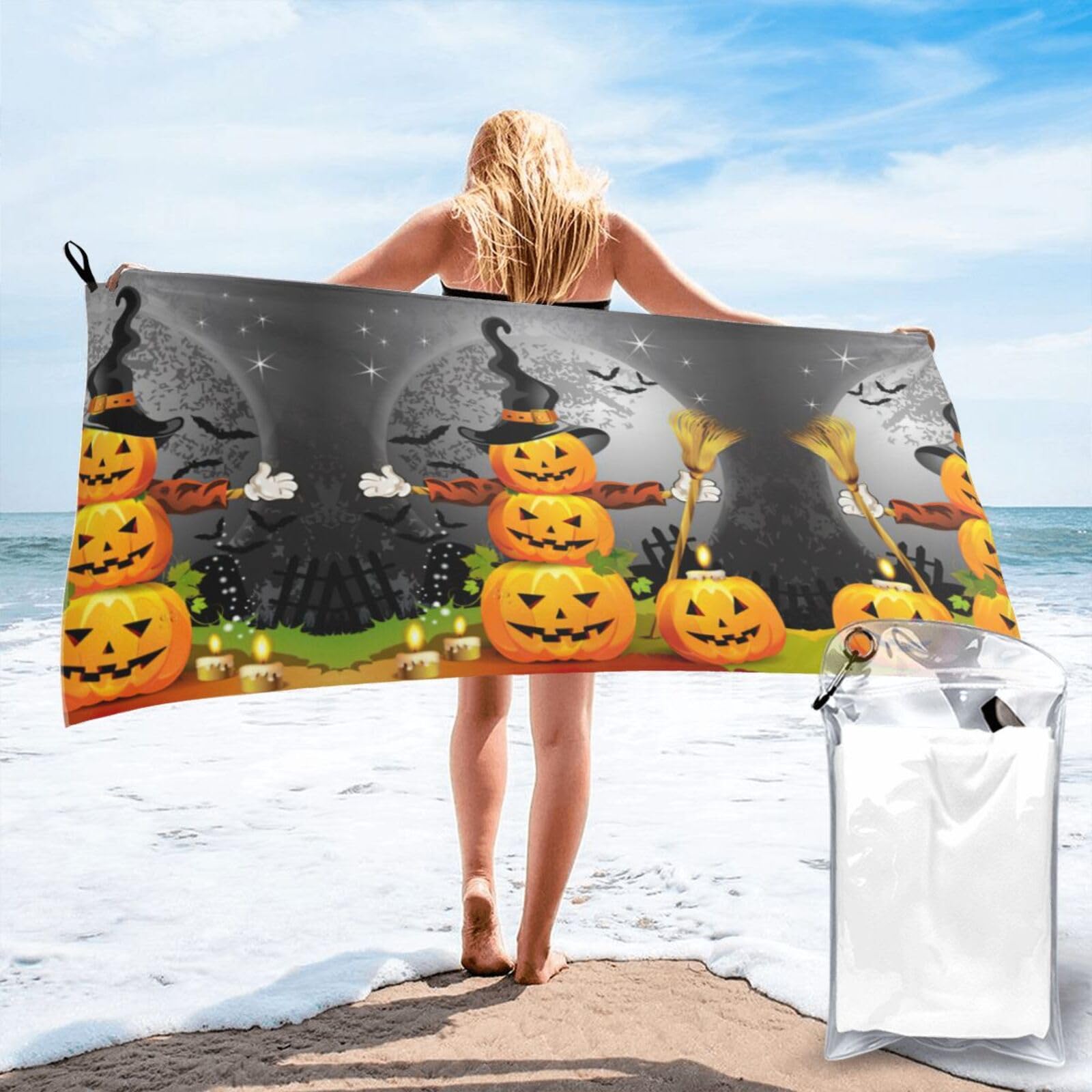 ENGhjes Halloween Pumpkin Print Camping Towel Fast Drying Bath Beach Shower Wrap For Gym Camping Vacation Adults Portable Gift