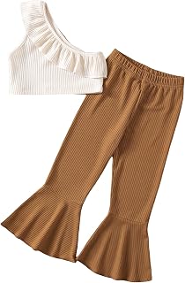 Girl's 2 Piece Outfits One Shoulder Sleeveless Ruffle Ribbed Crop Top and Flare Pants Set