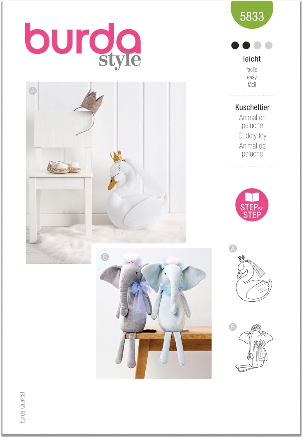 Burda Style X05833BURDA Swan and Elephant Stuffed Animals Sewing Pattern Packet, Design Code B5833, One Size