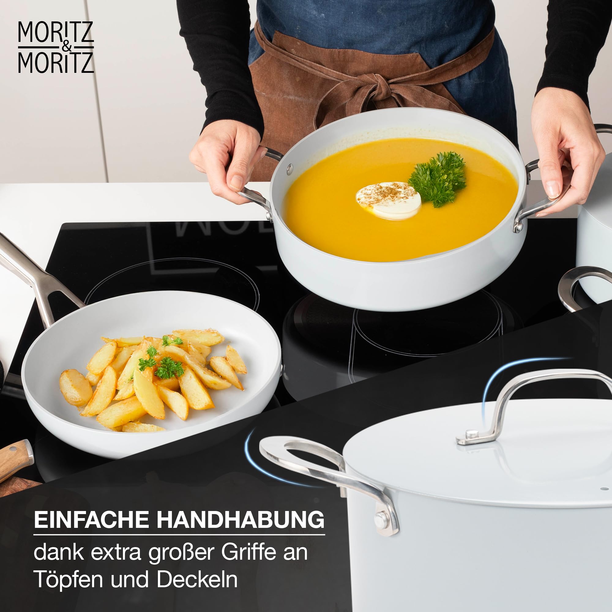 Moritz & Moritz 7-tlg. Aluminium Topf und Pfannenset Induktion mit Deckel, 2x Kochtöpfe Induktion mit Deckel, 1x Servierpfanne mit Deckel und 1x Induktionspfanne, Topfset Induktion für alle Herdarten
