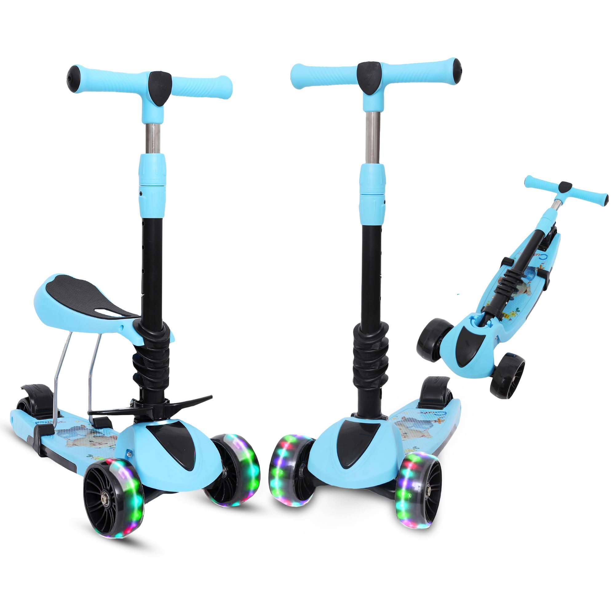 Habib 3-in-1 Kinderroller mit Sitz - Dreirad Tretroller, Faltbar, Höhenverstellbar, LED Räder, Kinderroller ab 3 Jahren (Bis 50kg)