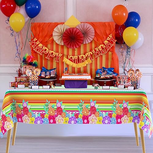 Miniatura 5 de Decoraciones de fiesta mexicana, 3 manteles rectangulares de plástico con flores mexicanas desechables, manteles de Cinco de Mayo, decoraciones de