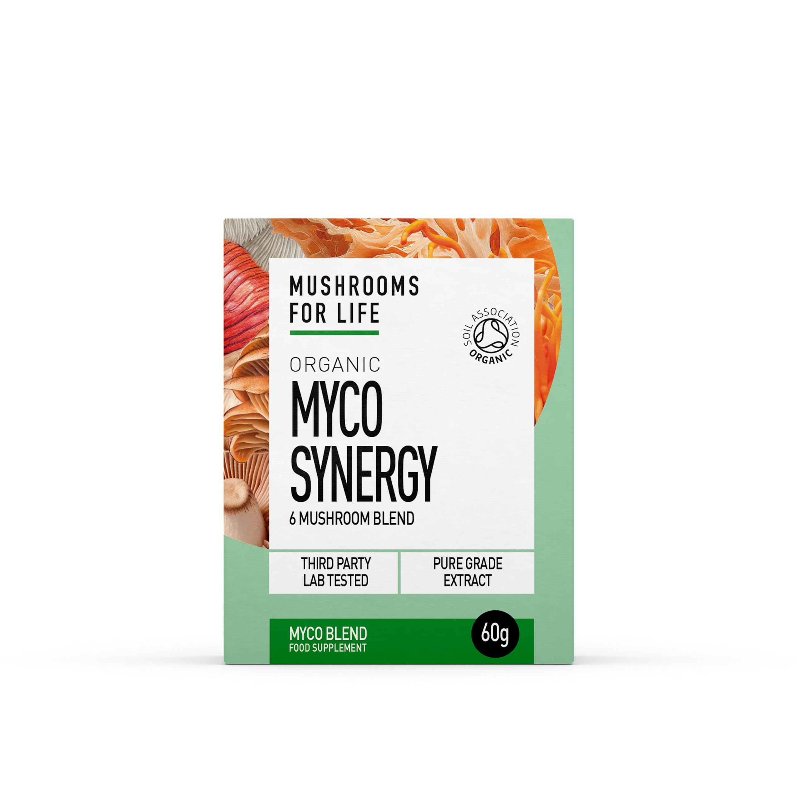 Organic Myco Synergy Super Blend (6 Mushroom Blend) - 60 Caps or 60g Powder - Mushroom Superfood Supplement - Pure Grade Extracts, No Binders (60g Powder)