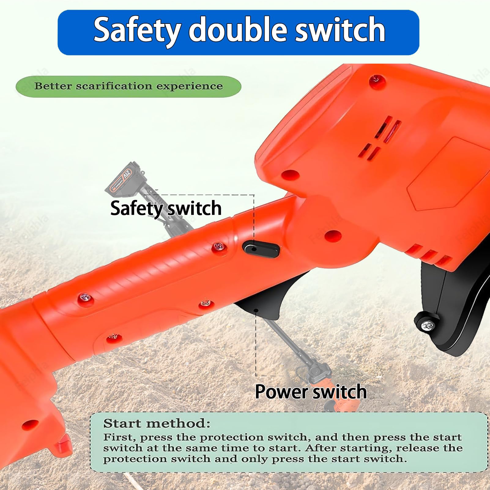 Motoazada Eléctrica, 21V Motoazada Bateria con 2 Baterías 1500mAh, Motocultor Electrico Sin Cable con 4 Cuchillas de Metal, Motoazada con Cargadores para Huerto Orange-Red-withPole