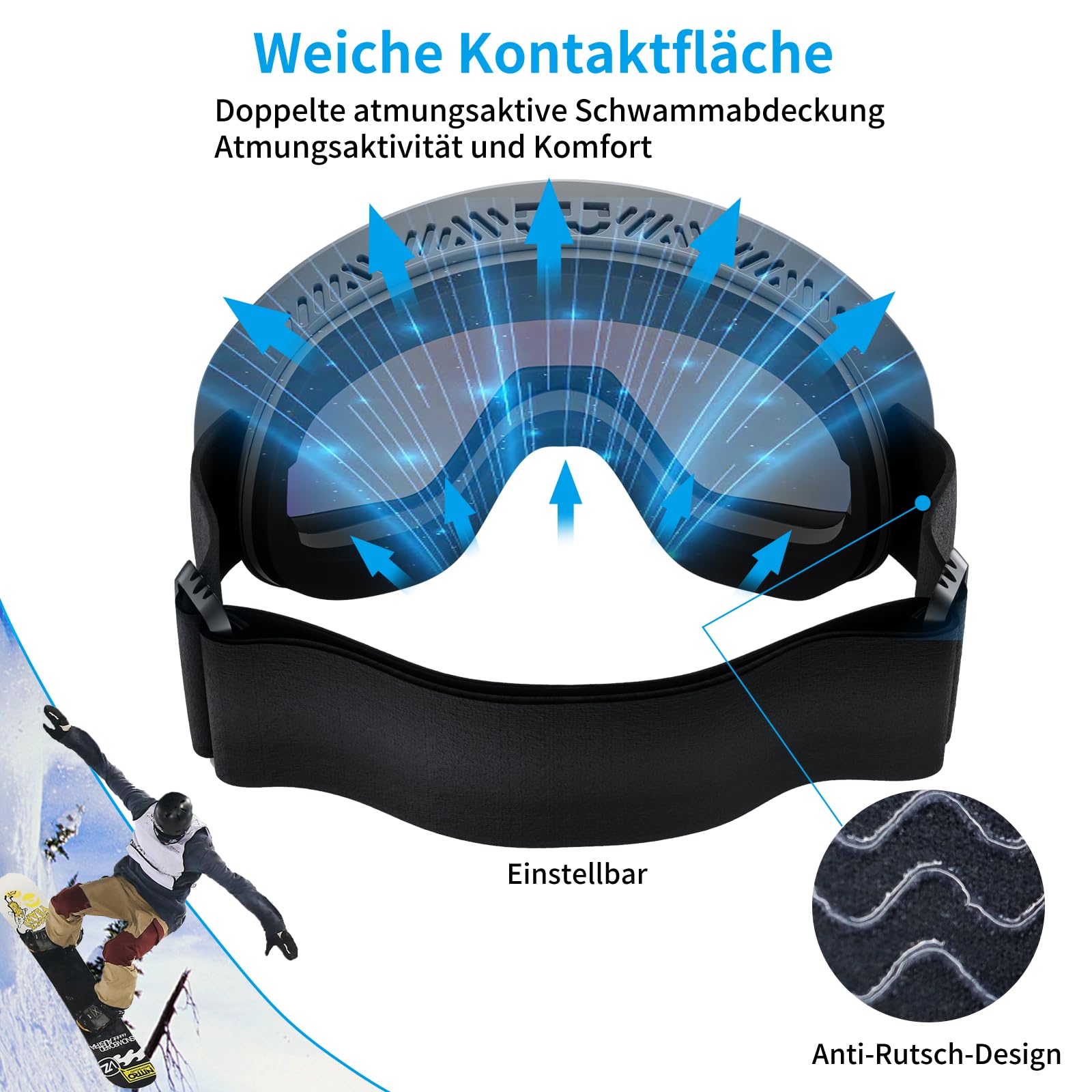 Yeerain Occhiali da sci unisex, da donna, per chi indossa occhiali, design OTG, protezione UV, occhiali da neve, anti-appannamento, sferici, riflessi per ragazzi e ragazze