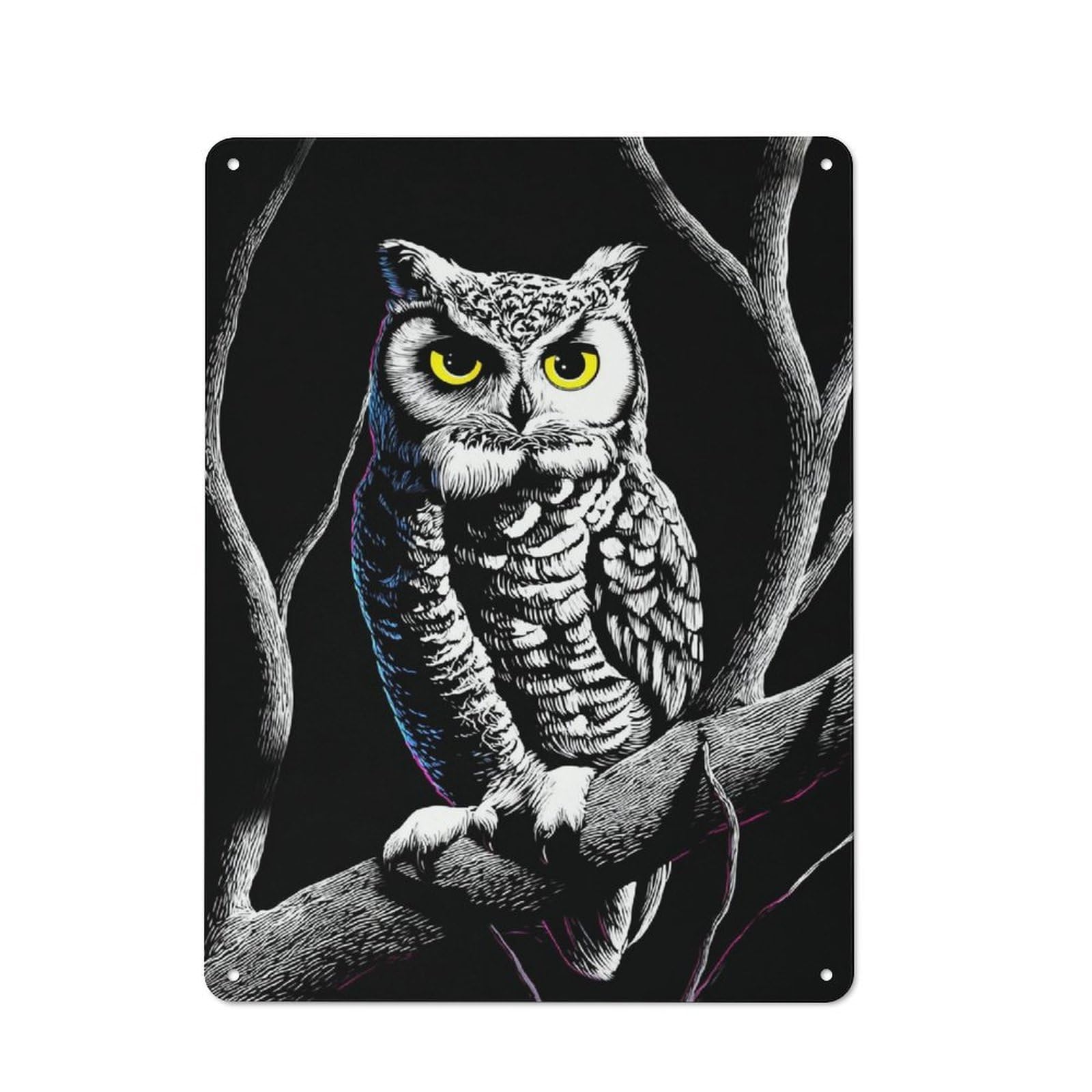 Classic Metal Plaque 40x30cm Featuring Owl Perched on Branch, Bistro Wall Plaque for Kitchen, Cafe, Pantry Or Dining Room