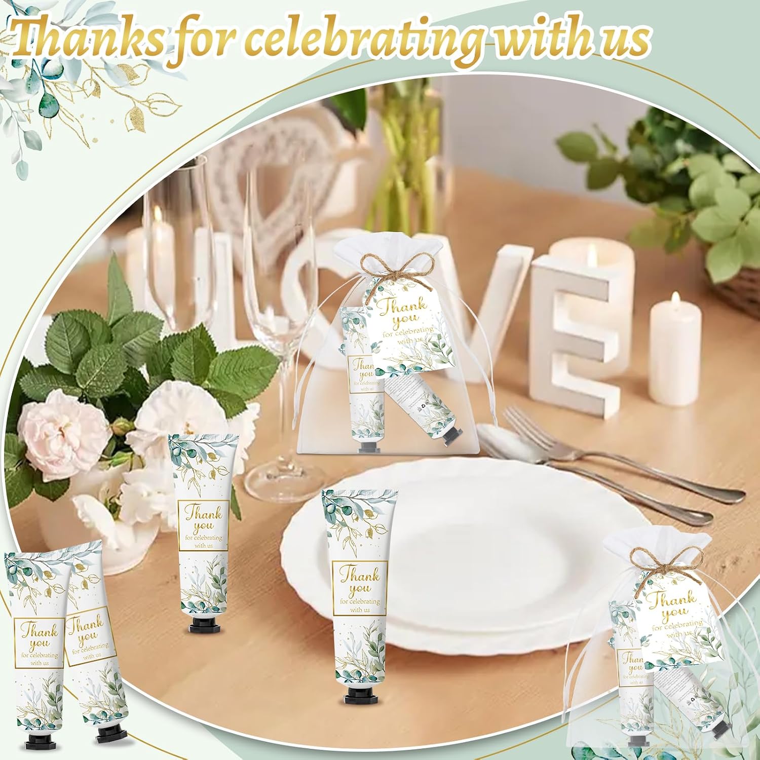 50 Sets Greenery Baby Shower Hand Cream Bulk Gifts, Wedding Bridal Party Favors for Guests Gender Reveal, Wedding Travel Size Hand Lotion Set with Thank You Card and Organza Gift Bags(greenery)