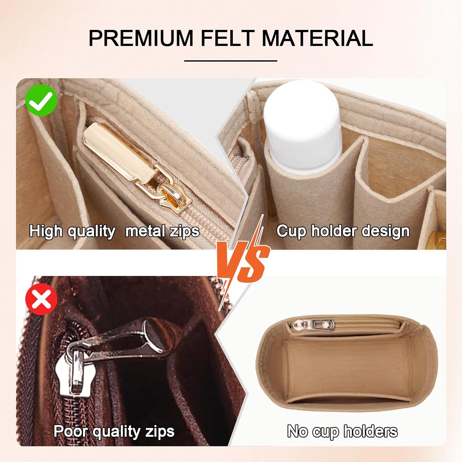 Picotin 18 Inserts Felt Handbag Organizer Insert, for Totes and Longchamp Style Bags (Beige, PC18 Size)​ - Image 6