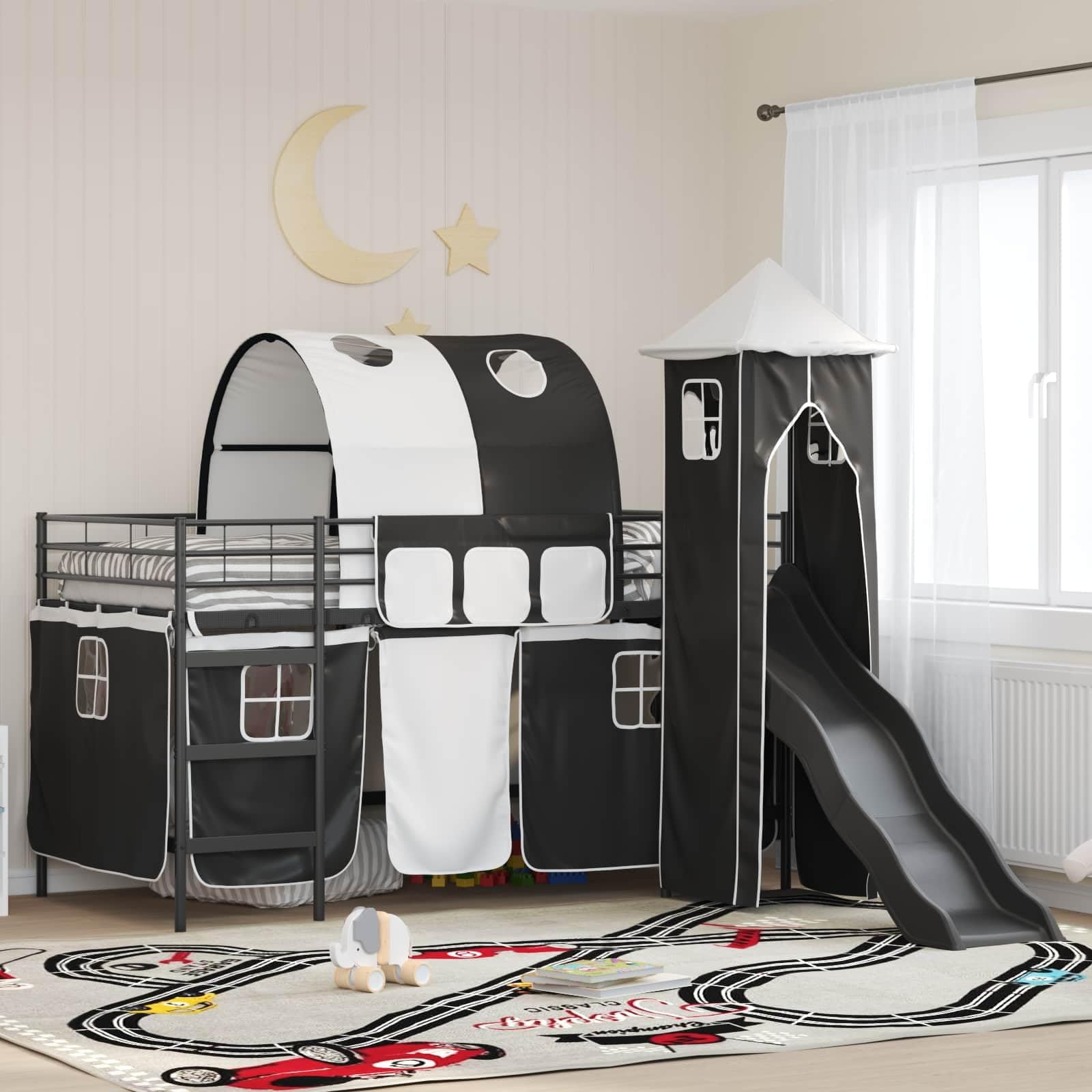Modern Cabin Bed with Slide, Tower and Curtains, Black, 80 x 201 cm, Sturdy Metal Frame for Children's Room, Space-Saving, Foldable