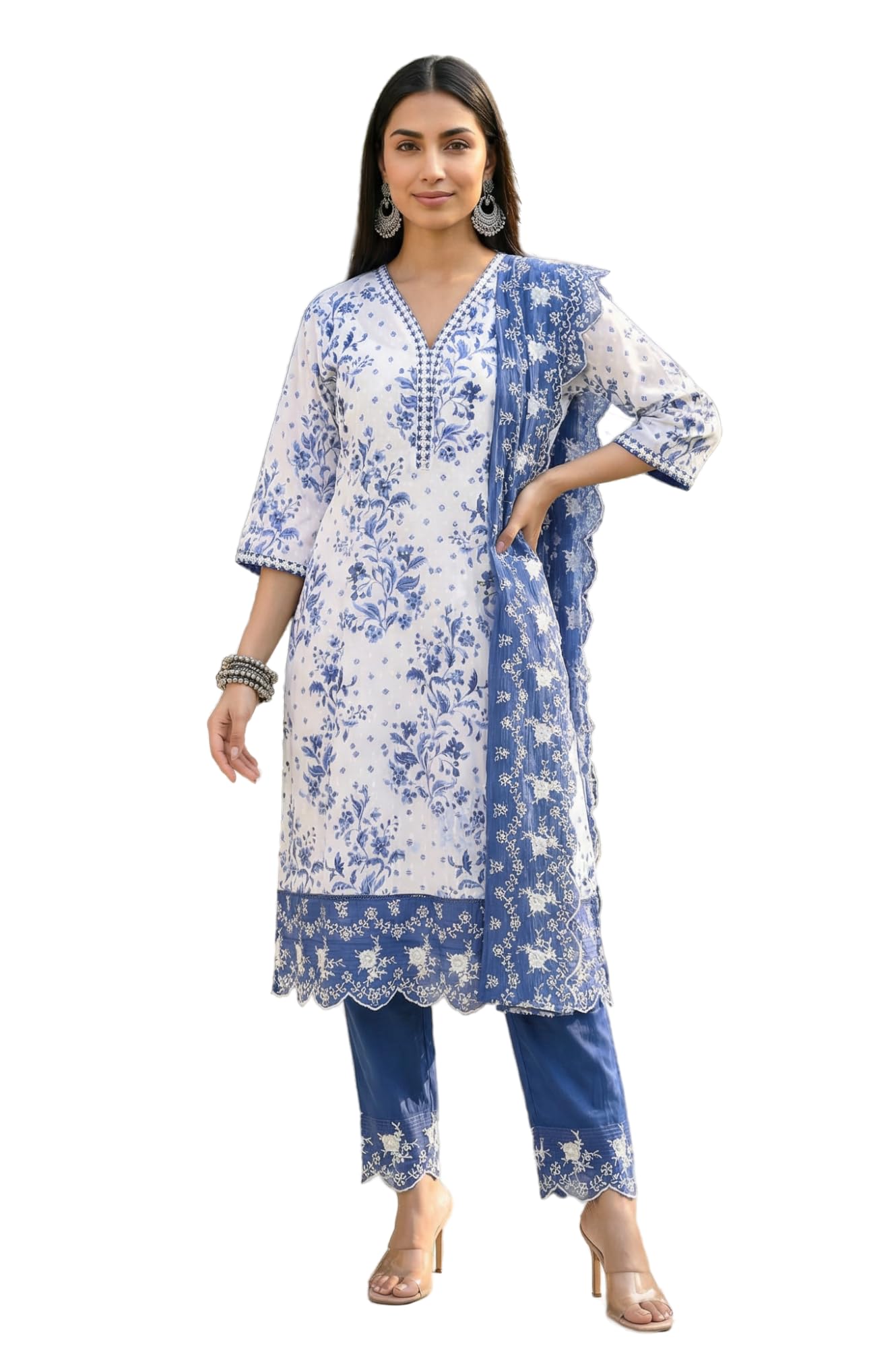 aurelia Women's Floral Printed Thread Embroidered Pure Cotton Straight Kurta with Trousers and Dupatta Set-picture-56