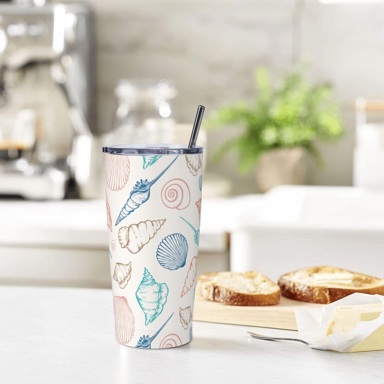 Shells Pattern Tumbler, Seashell 20oz Stainless Steel Insulated Travel Tumblers,Travel Coffee Mug with Lid and Straw Cups Gifts for Women Men - Image 7