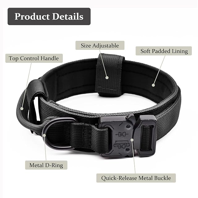 Foto 2 de 7 de Collar táctico para perro, collar ajustable de nailon para perro con mango de control y hebilla de metal…