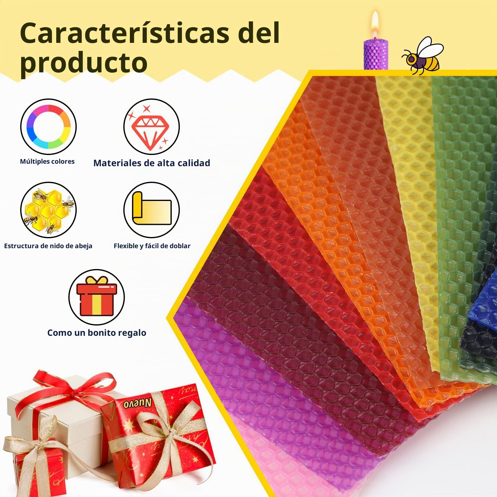 Lote de 12 Hojas de cera de abejas Hojas de cera para decoración de velas Kit para hacer velas de Navidad Cera de abejas para hacer velas Hojas con mecha para Hanukkah