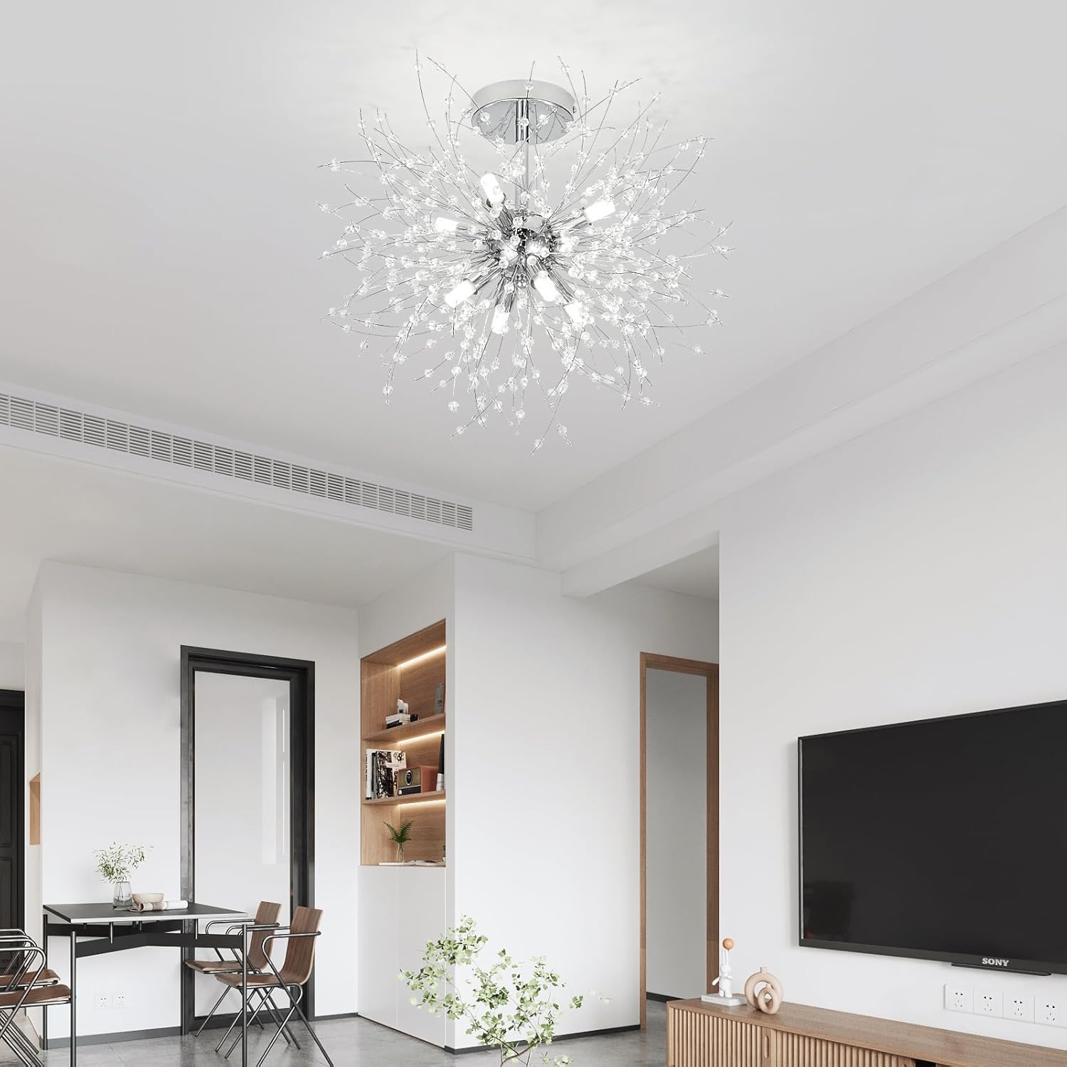 WILON Modern Crystal Ceiling Chandeliers, Firework Dandelion Ceiling Light Flush Mount 8-Lights Bedroom Lighting Fixtures for Hallway Kitchen Living Room (Nickel)