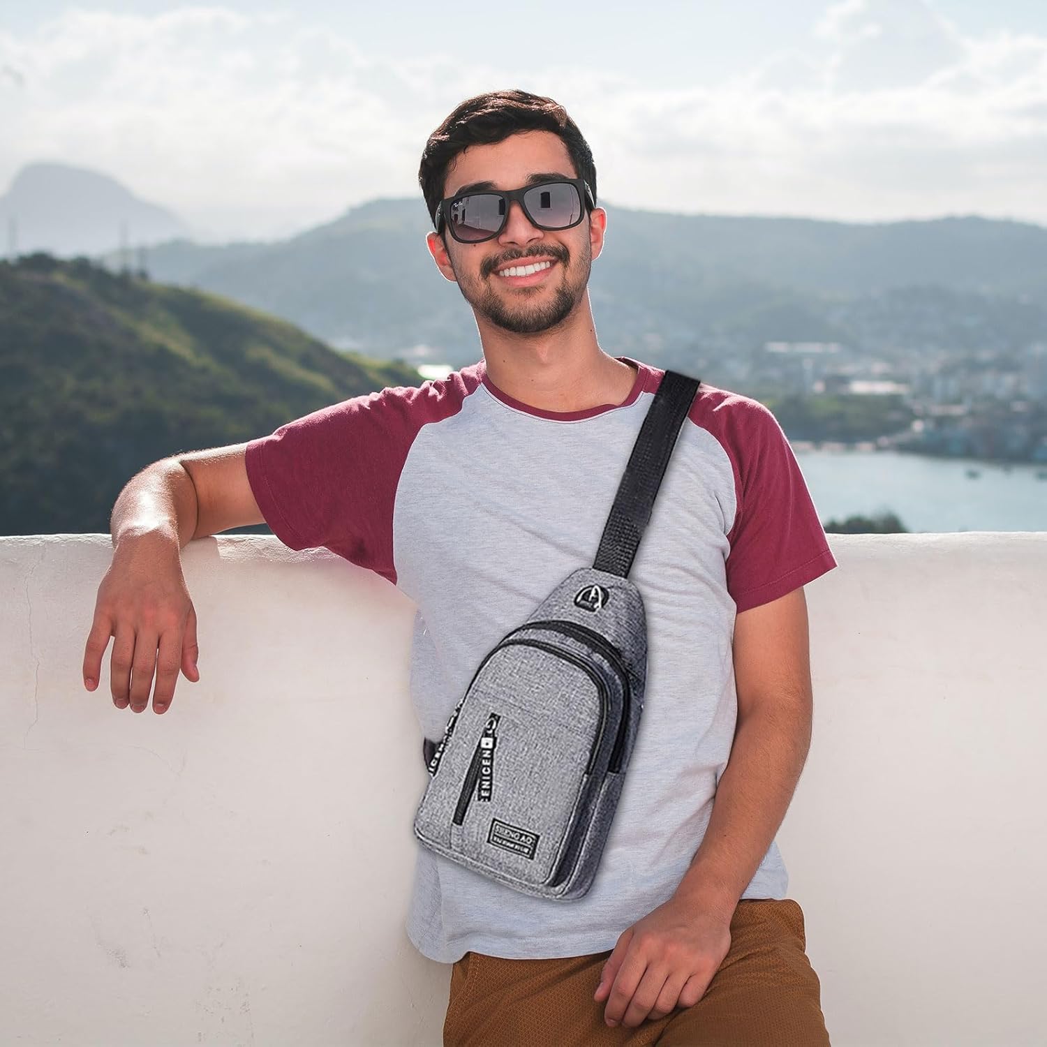 FuninCrea Mens Sling Bag, Oxford Chest Bag Shoulder Bag with Adjustable Shoulder Straps, Single Layer Man Bag Cross Body Bag for Travel Bag, Sports Bag, Running Bag, Hiking Bag (Double Layer, Black) - Image 5