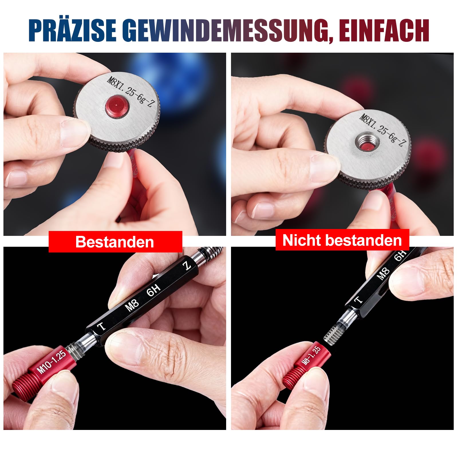 Gewindelehre Set 50-Teiliges, Aluminiumlegierung Gewindelehre, mit Metrisches und Zoll-Gewinde, Ideal zum Messen und Prüfen von Gewindegrößen