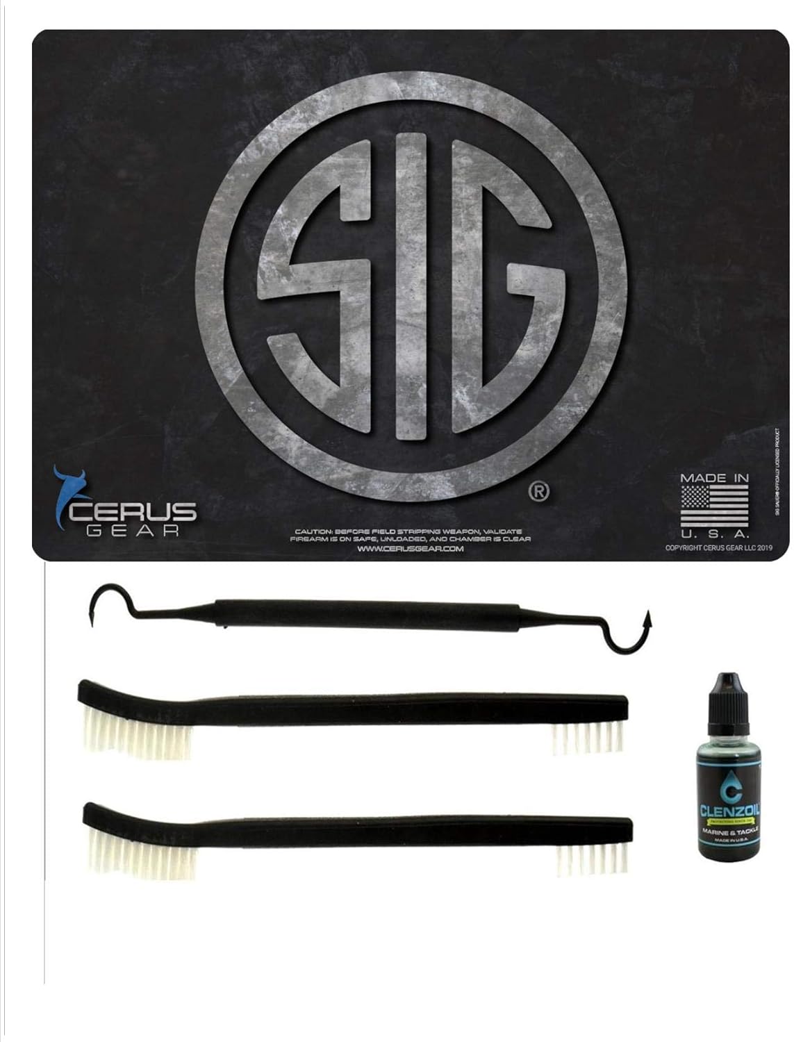 SIG Logo 5 PC EDOG Cerus Gear Heavy Duty Pistol Cleaning 12x17 Padded Gun-Work Surface Protector Mat Solvent & Oil Resistant & 3 PC Cleaning Essentials & Clenzoil, Made in the USA