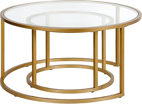 HomeRoots Set of Two 35' Gold Glass and Steel Round Nested Coffee Tables