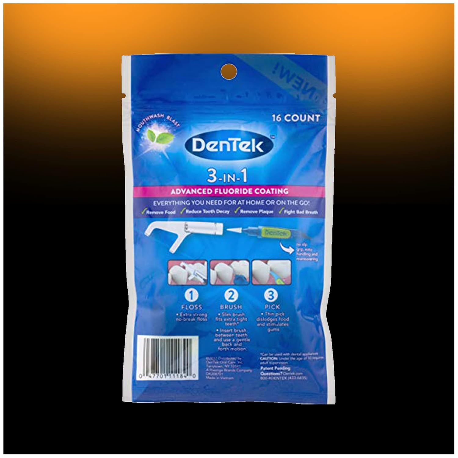 DenTek 3-In-1 Interdental Cleaners | Floss, Brush, Pick, Travel Pouch | 16 Count : Health & Household