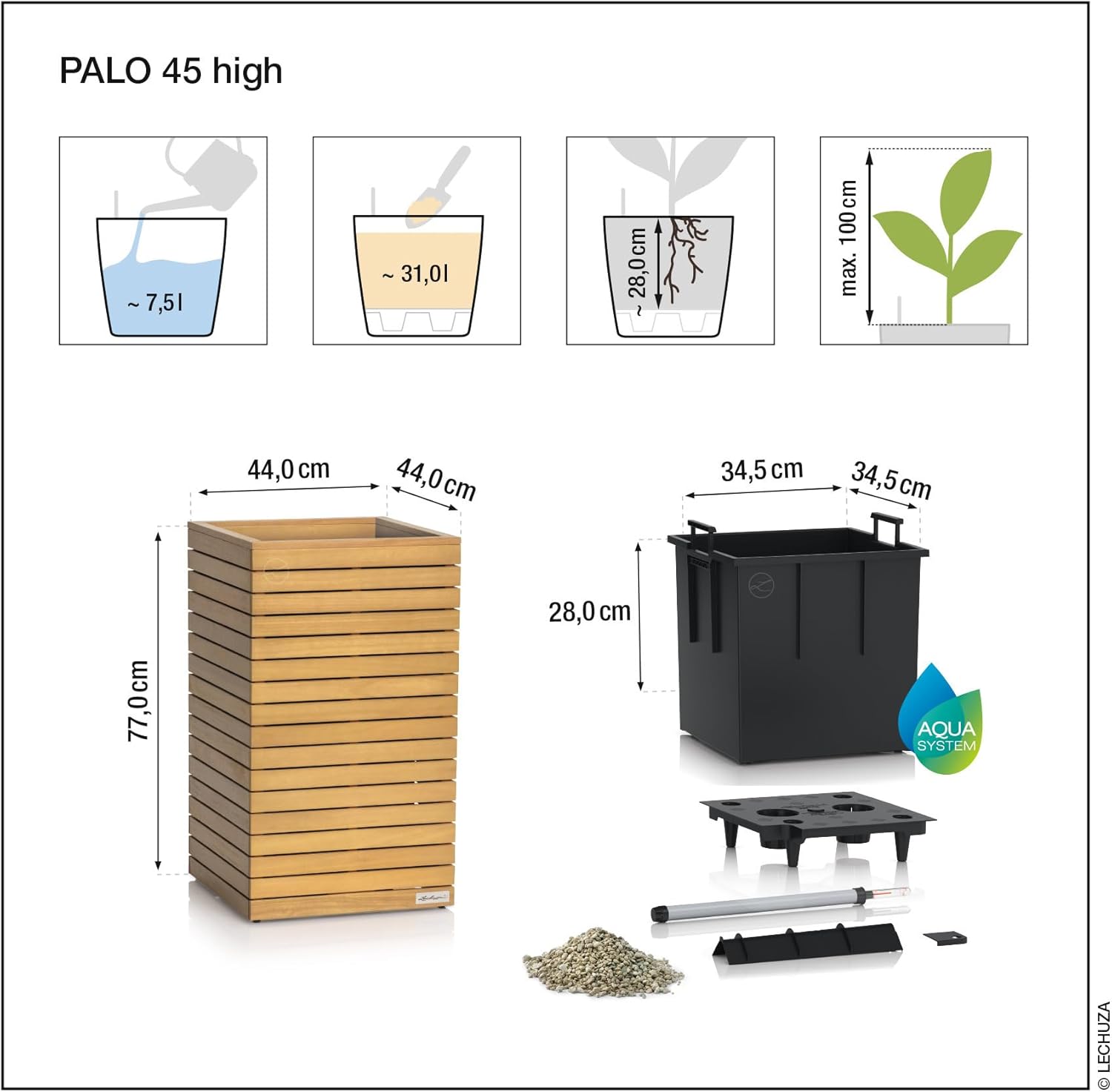 Lechuza -Palo Natural Wood 45 Tall Eucalyptus Wood Planter with Watering System, Water Level Indicator and Plant Insert, Real Wood Surface, 44 x 44 x 77 cm, 16773